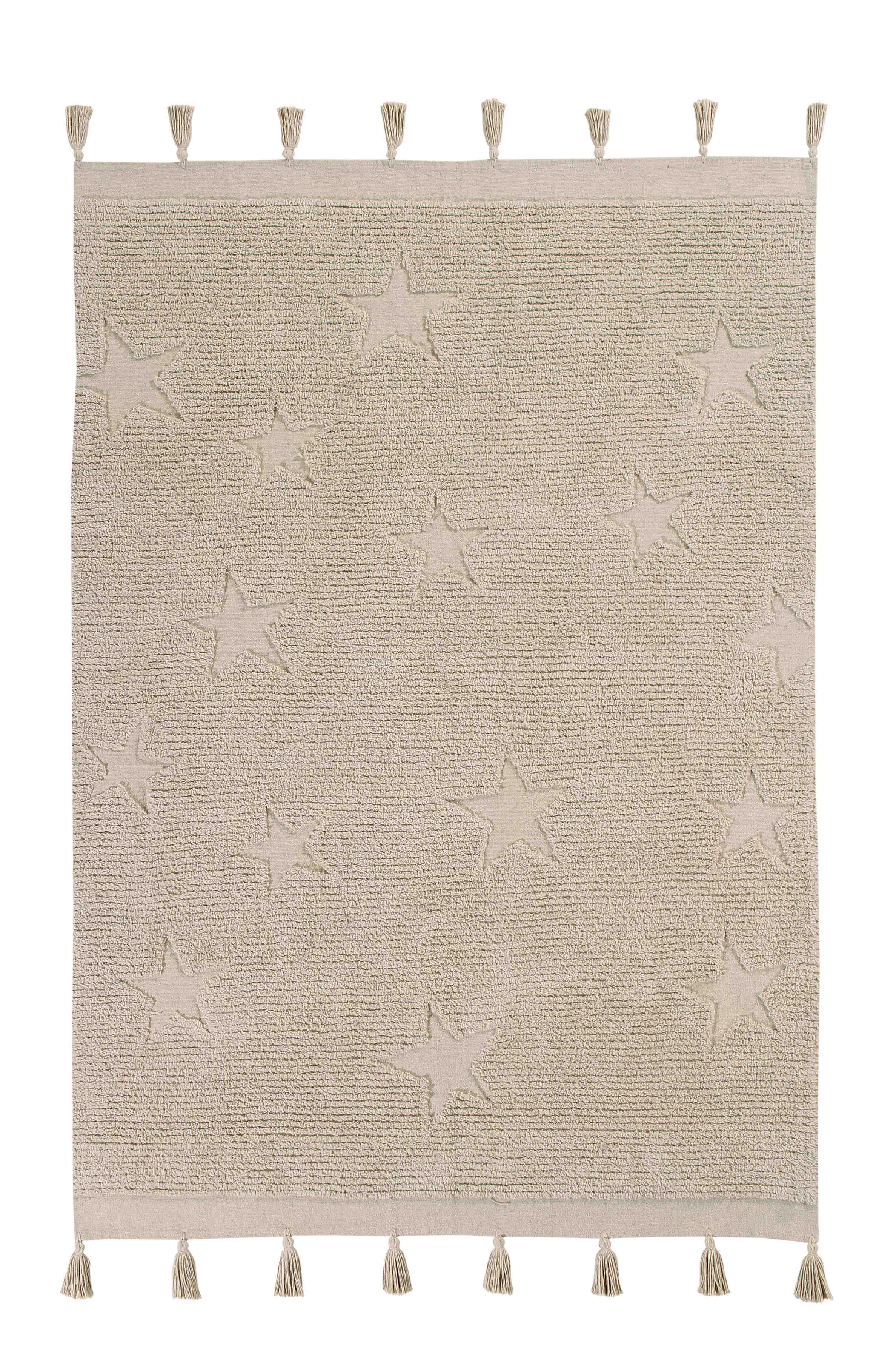 Rectangular natural cotton rug decorated with exposed stars and a tassel border.