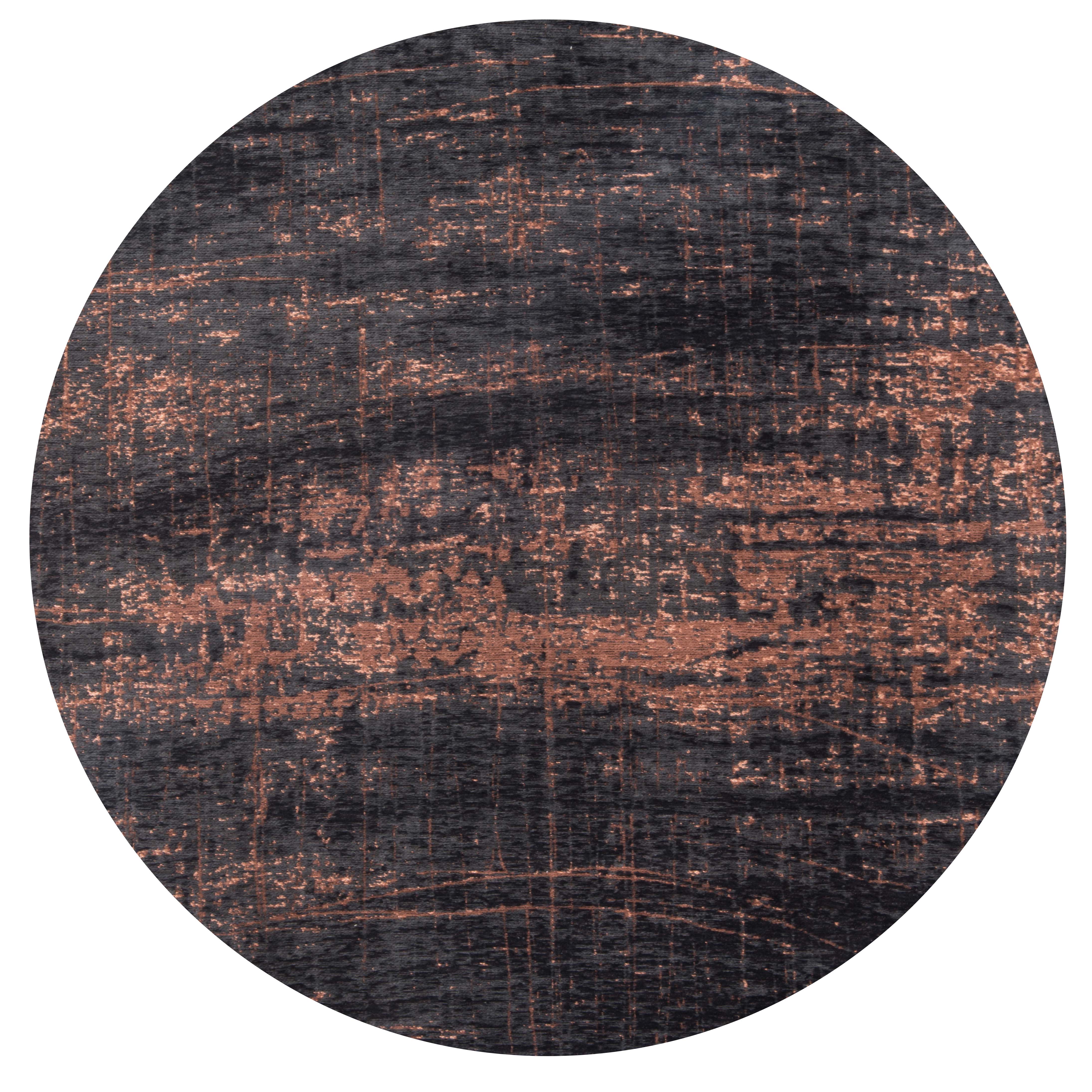 Black circle flatweave rug with copper brown abstract pattern