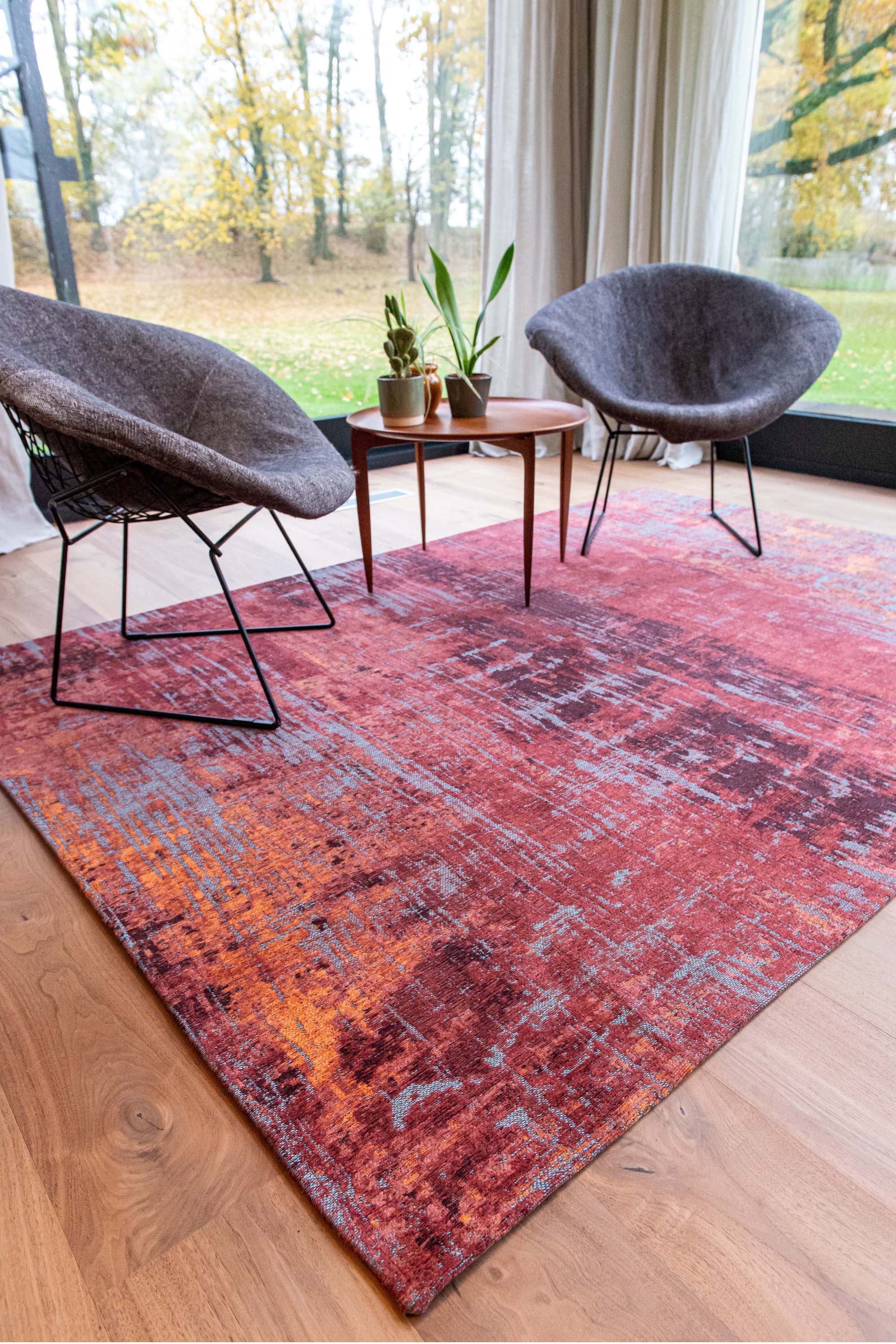 red, orange and blue abstract rug