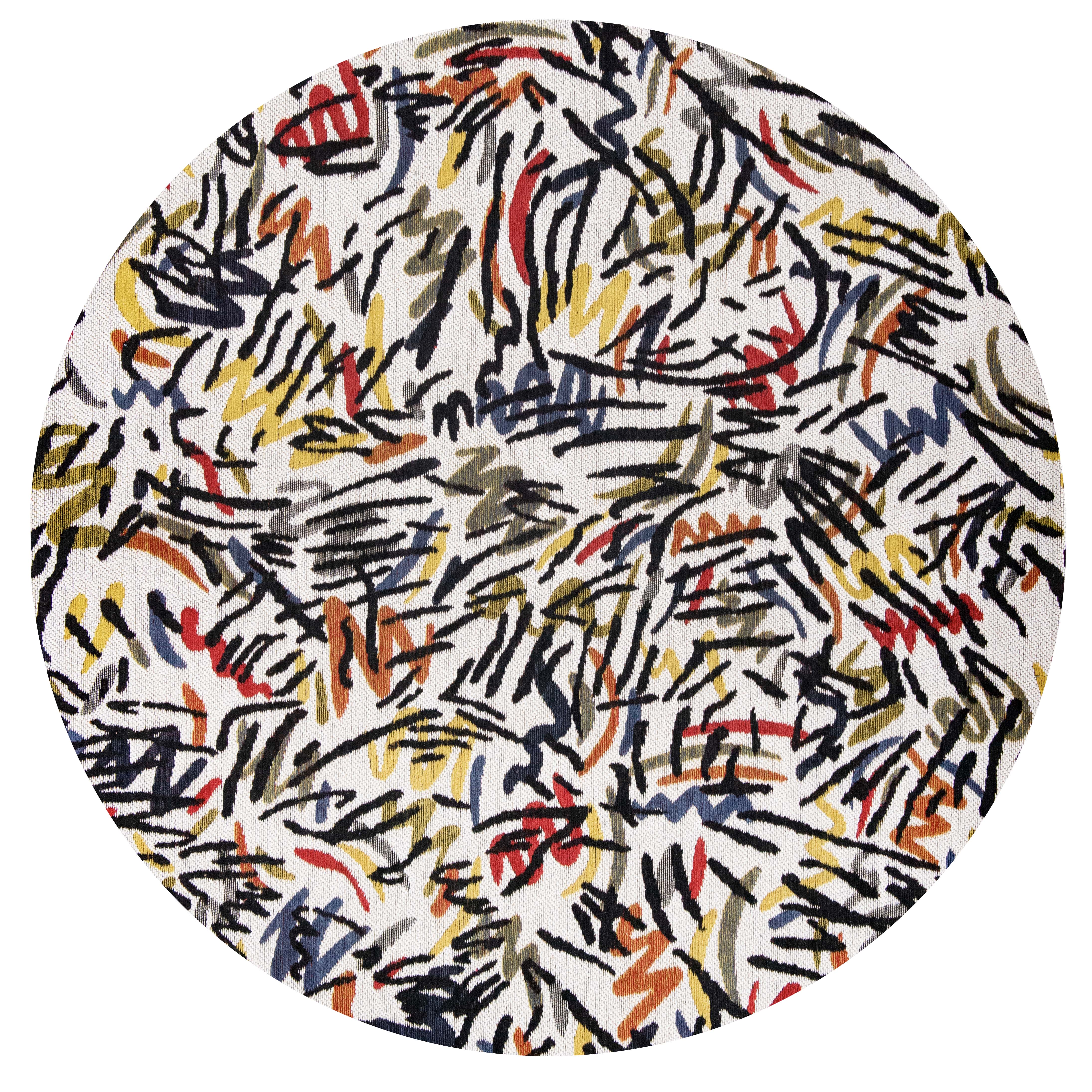 Multicolour abstract circle rug with a squiggle design