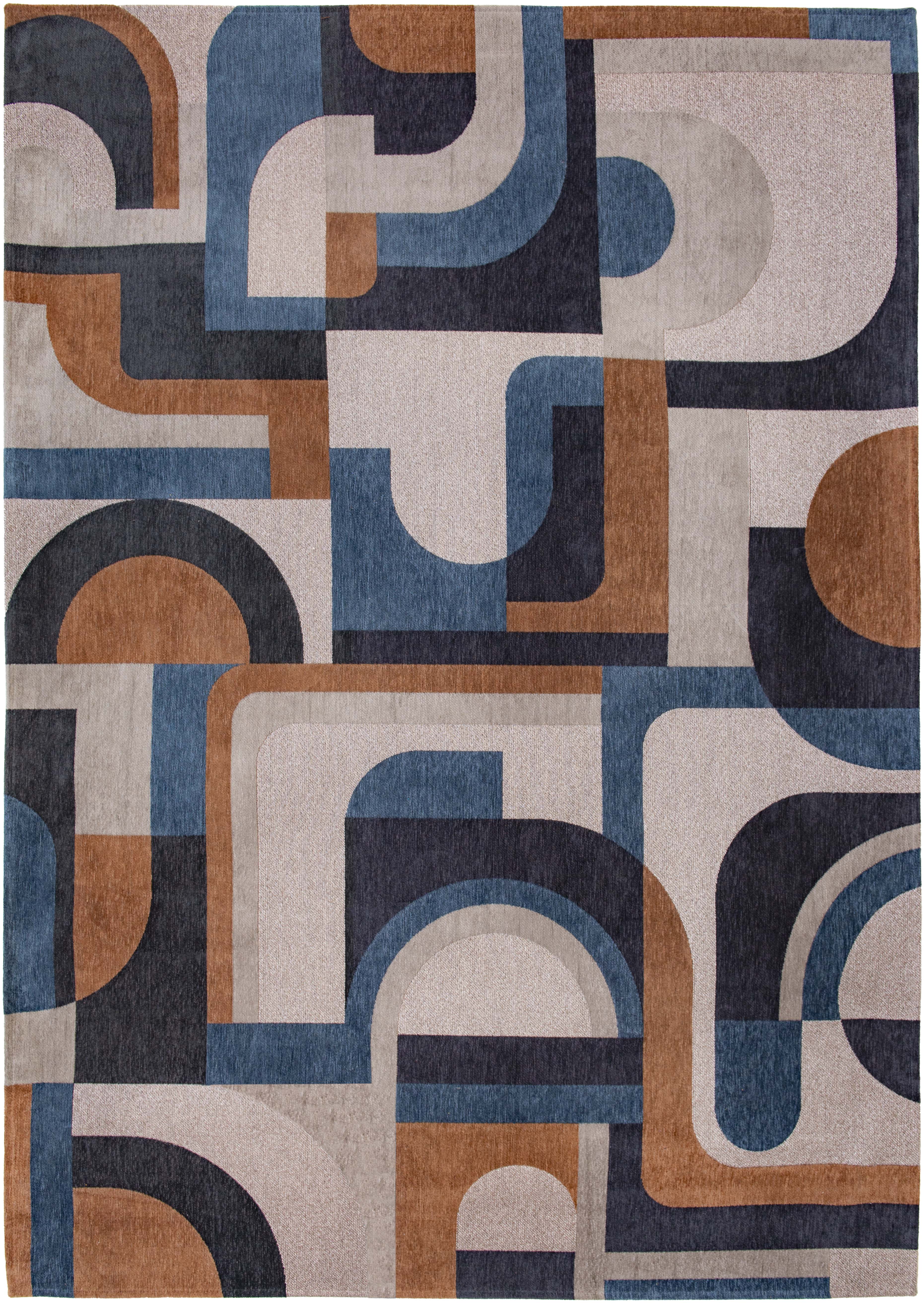 Flatweave area runner rug with retro pattern in blue, navy and tan