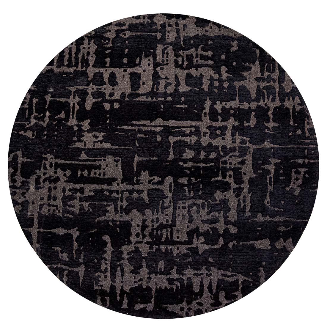 black flatweave circle rug with subtle, organic pattern
