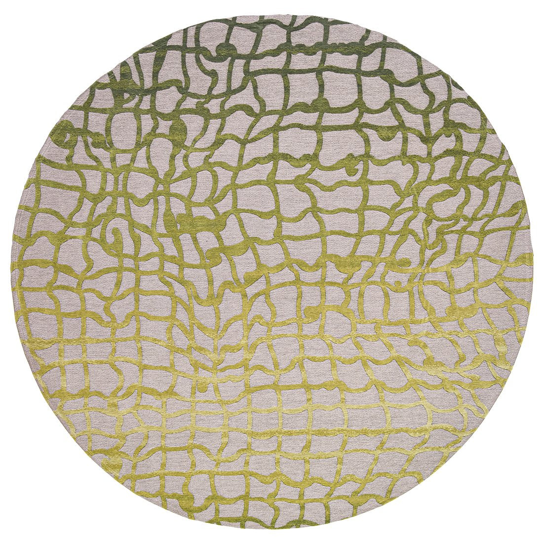 flatweave circle rug with abstract green design
