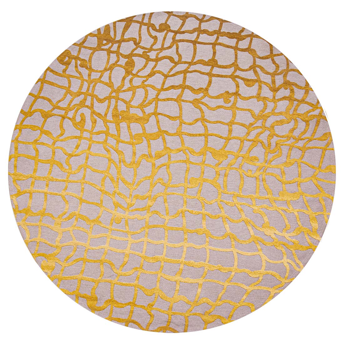 flatweave circle rug with abstract yellow design

