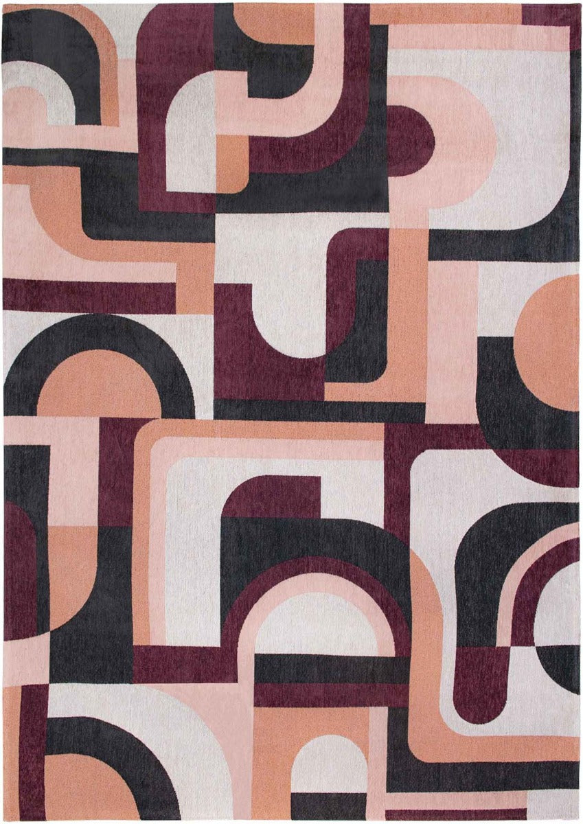flatweave area rug with retro pattern in pink, purple and navy
