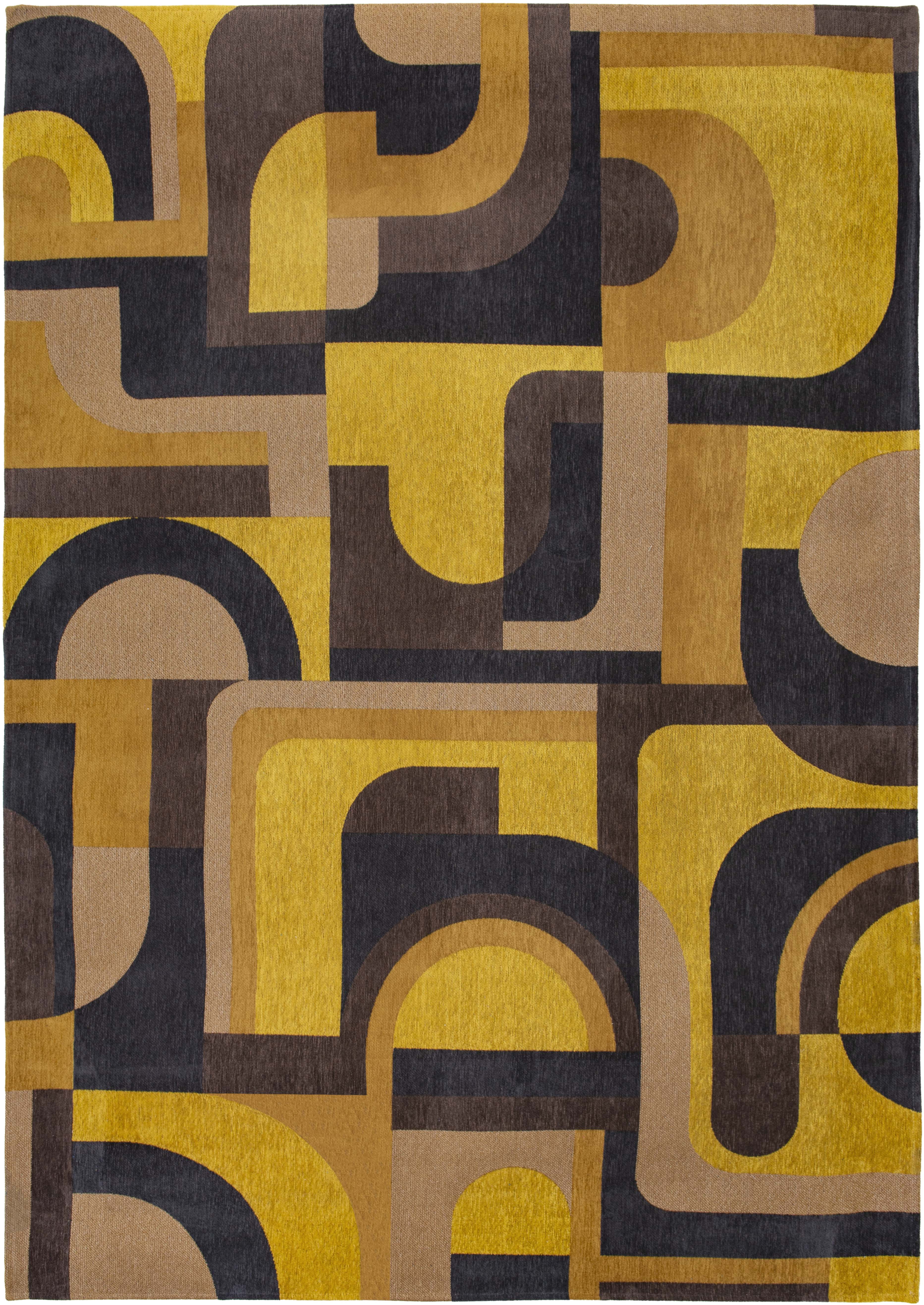 Flatweave area runner rug with retro pattern in yellow, navy and brown