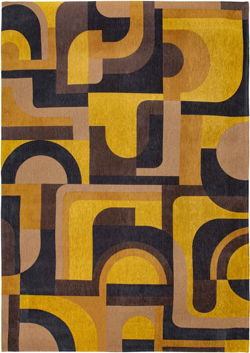 flatweave area rug with retro pattern in yellow, navy and brown
