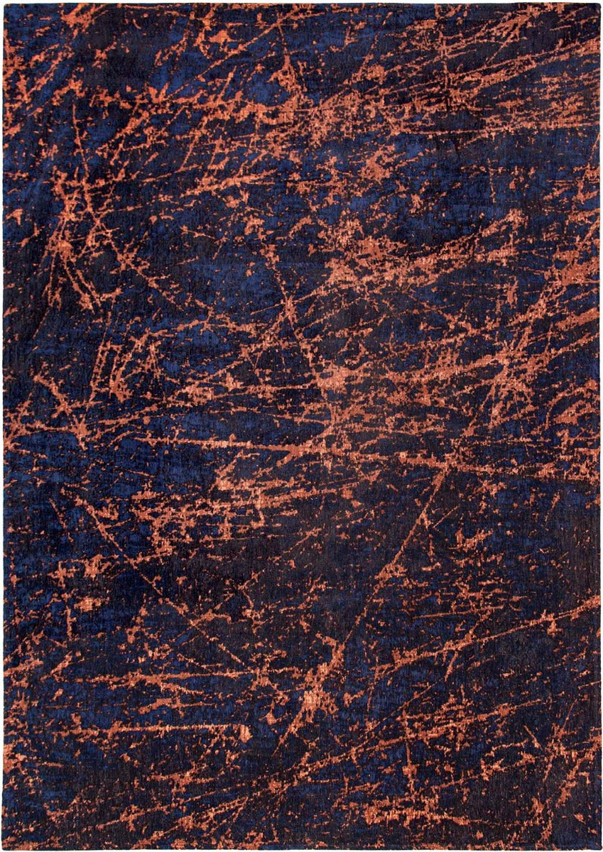navy and copper flatweave rug with modern abstract design
