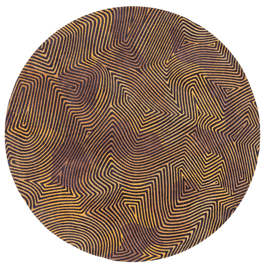 black and gold flatweave circle rug with organic, textured pattern
