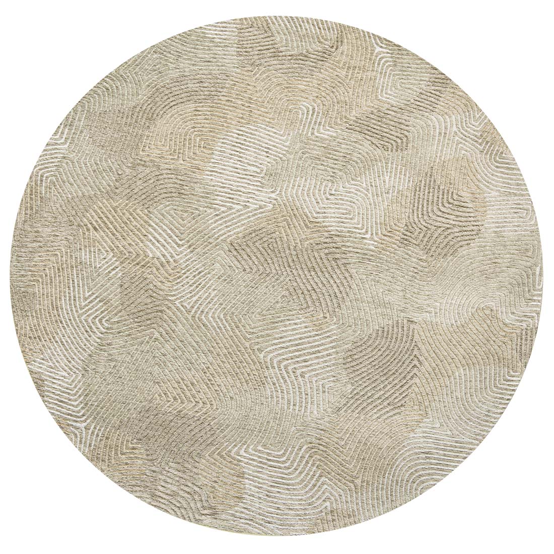 beige flatweave circle rug with organic, textured pattern
