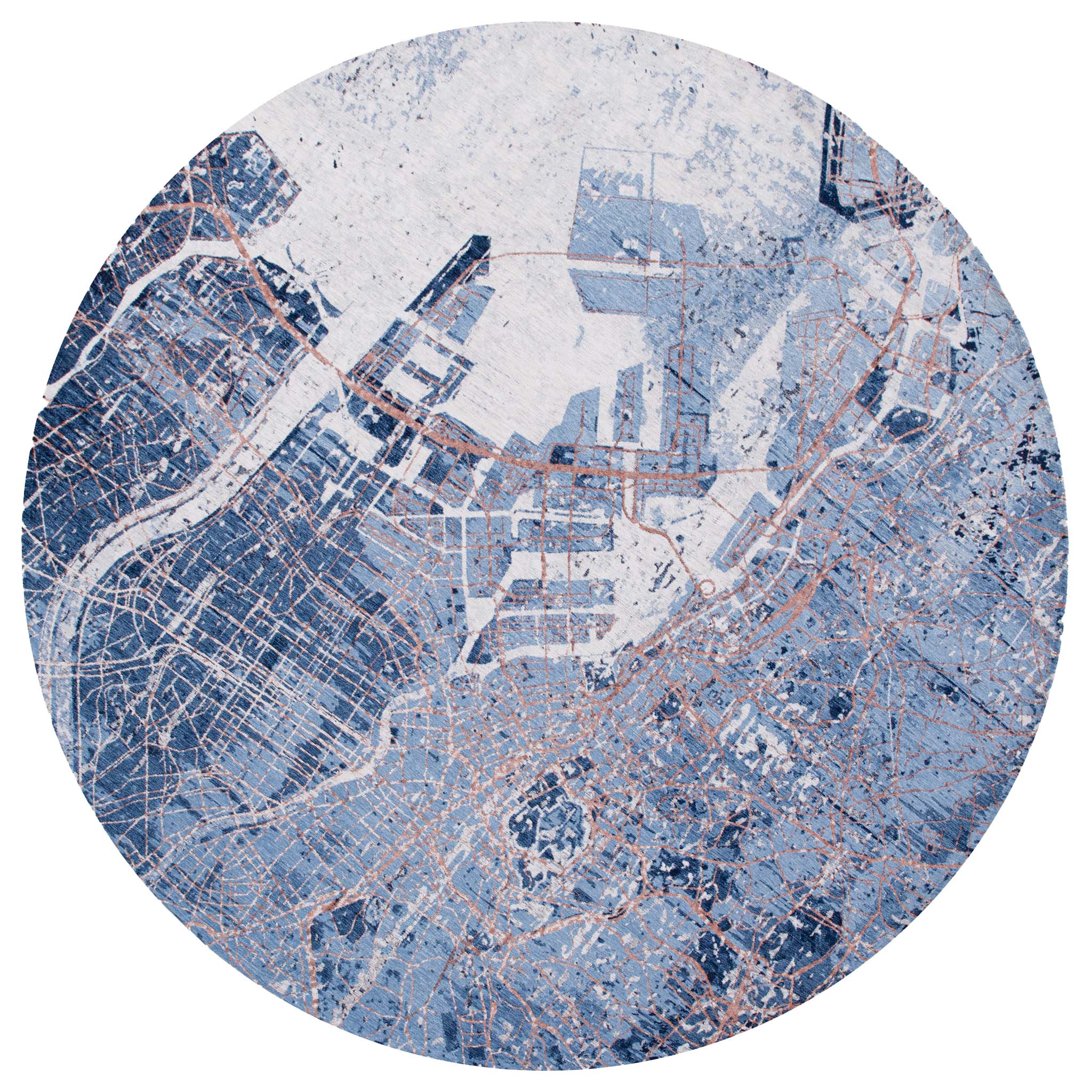 Blue abstract circle rug with a pattern inspired by the map of Tokyo