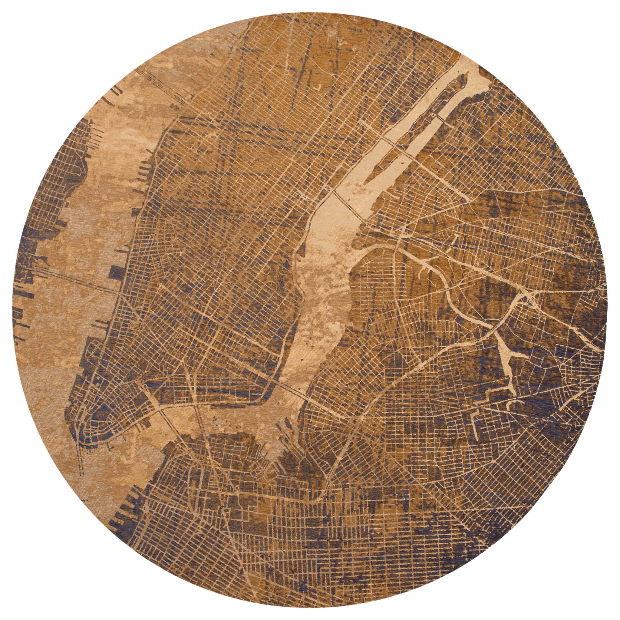 Gold abstract circle rug with a pattern inspired by the map of New York