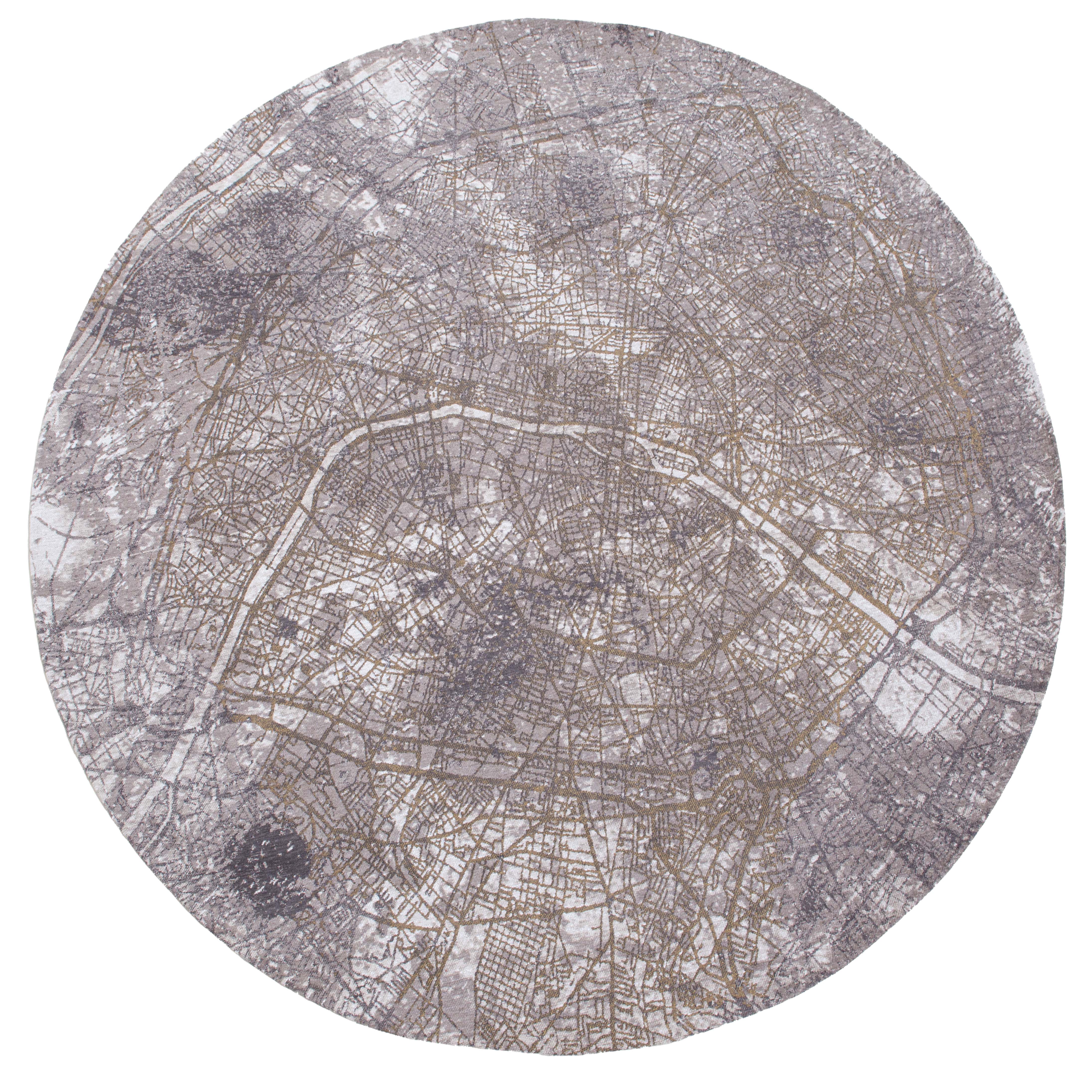 Silver abstract circle rug with a pattern inspired by the map of Paris