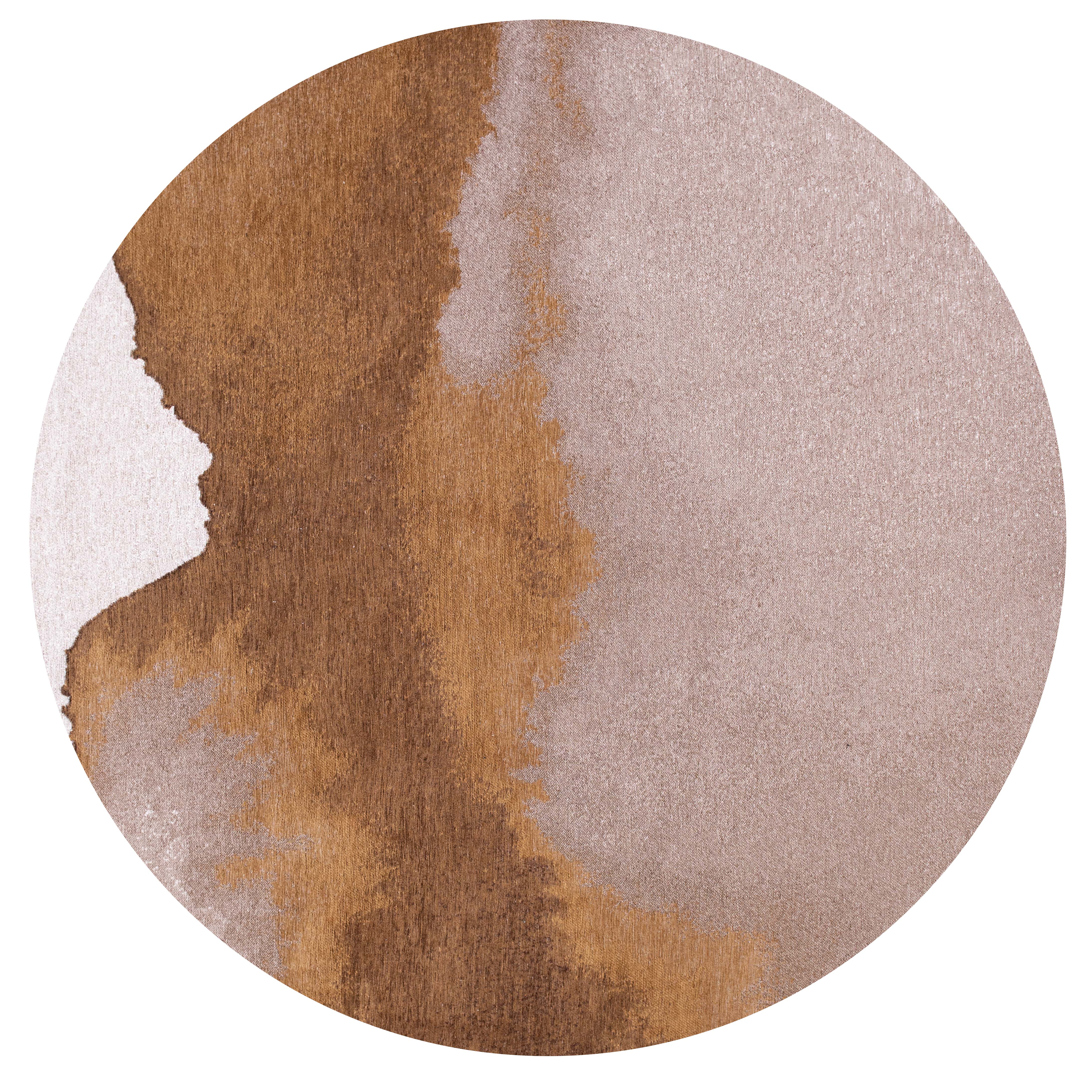 Modern circle rug with brown abstract shoreline pattern