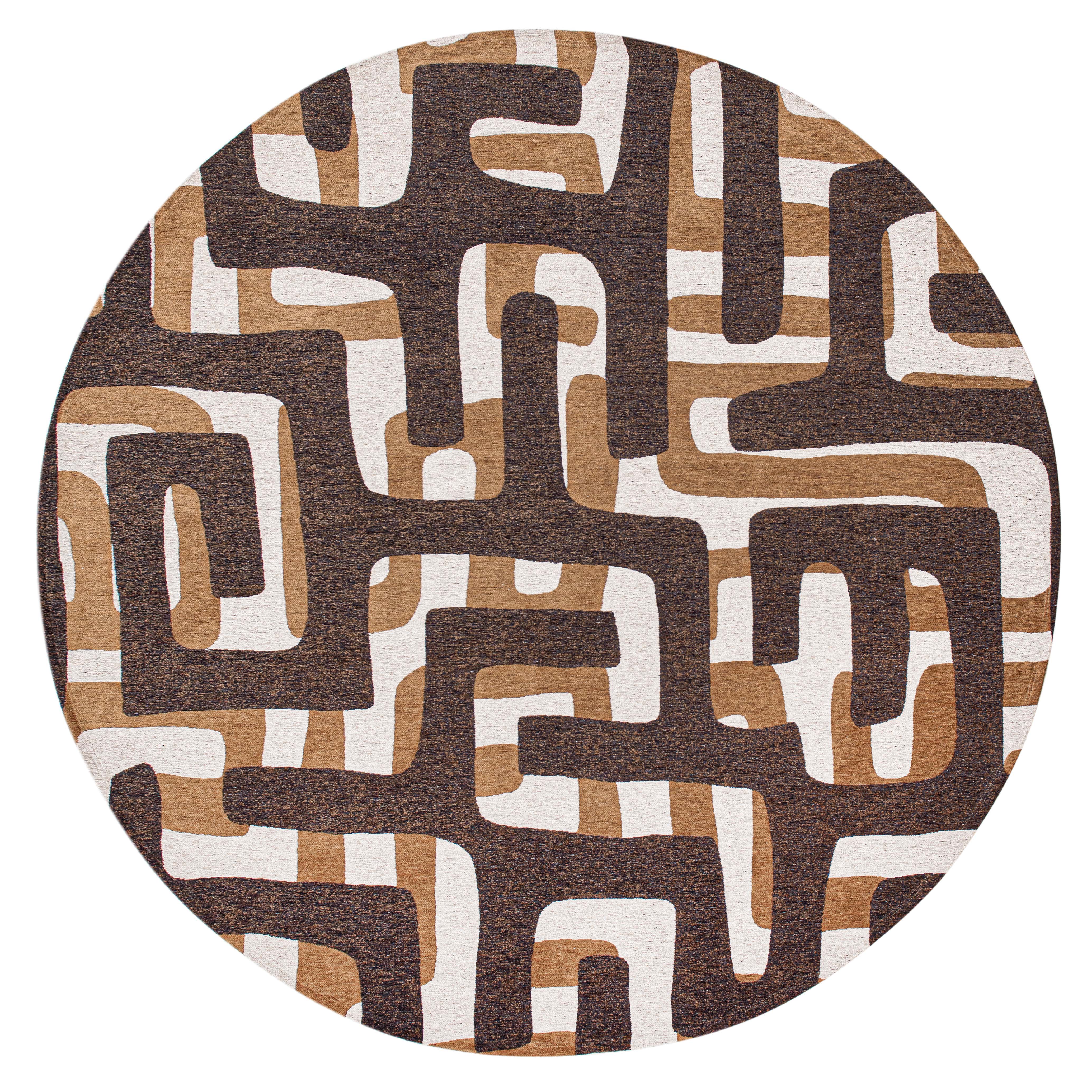 Modern abstract circle rug with brown maze pattern