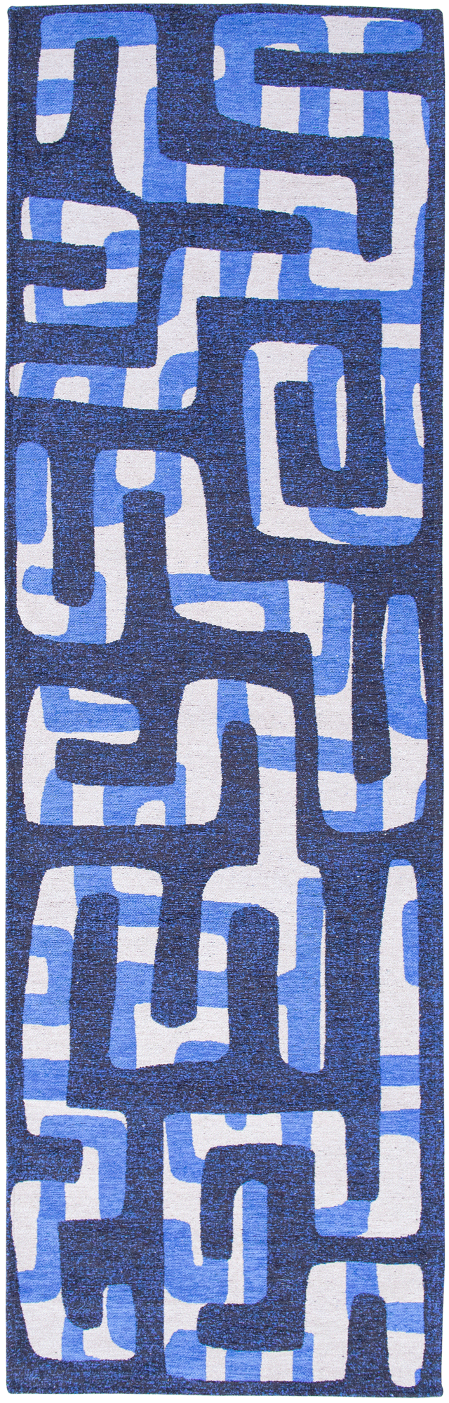 Modern abstract runner rug with blue maze pattern