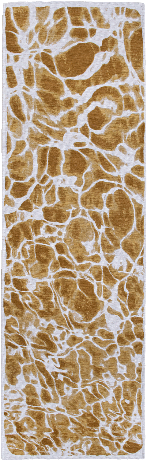 Modern runner rug with gold abstract water inspired pattern