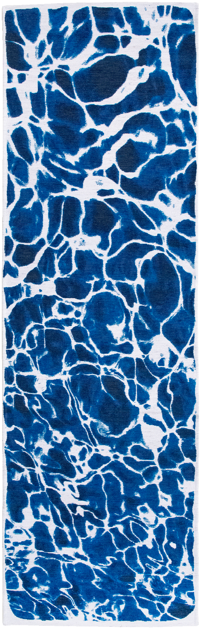 Modern runner rug with blue abstract water inspired pattern