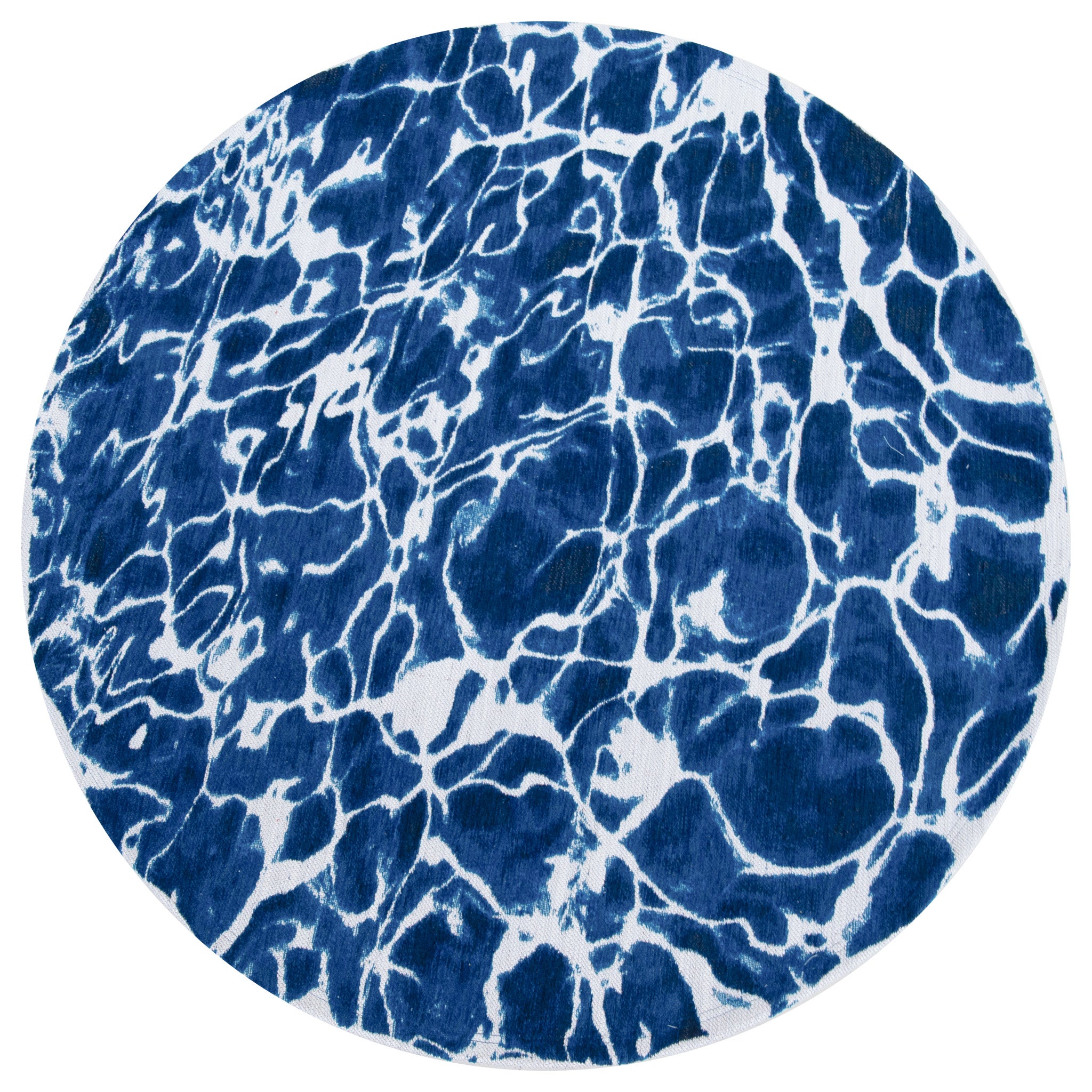 Modern circle rug with blue abstract water inspired pattern