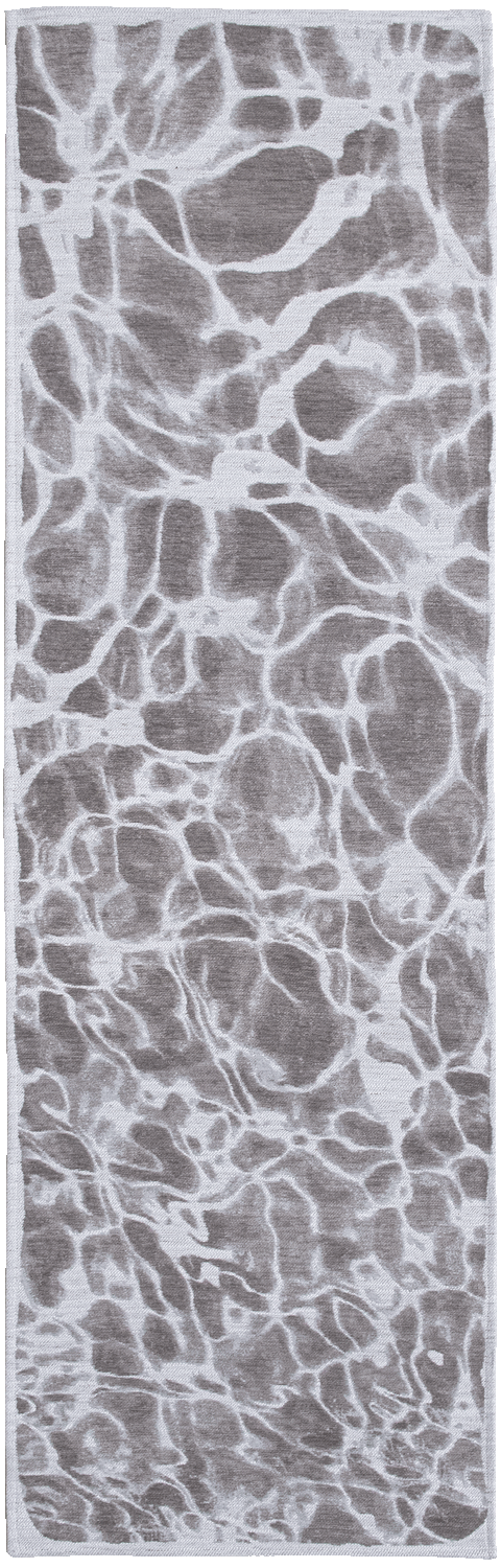 Modern runner rug with silver abstract water inspired pattern