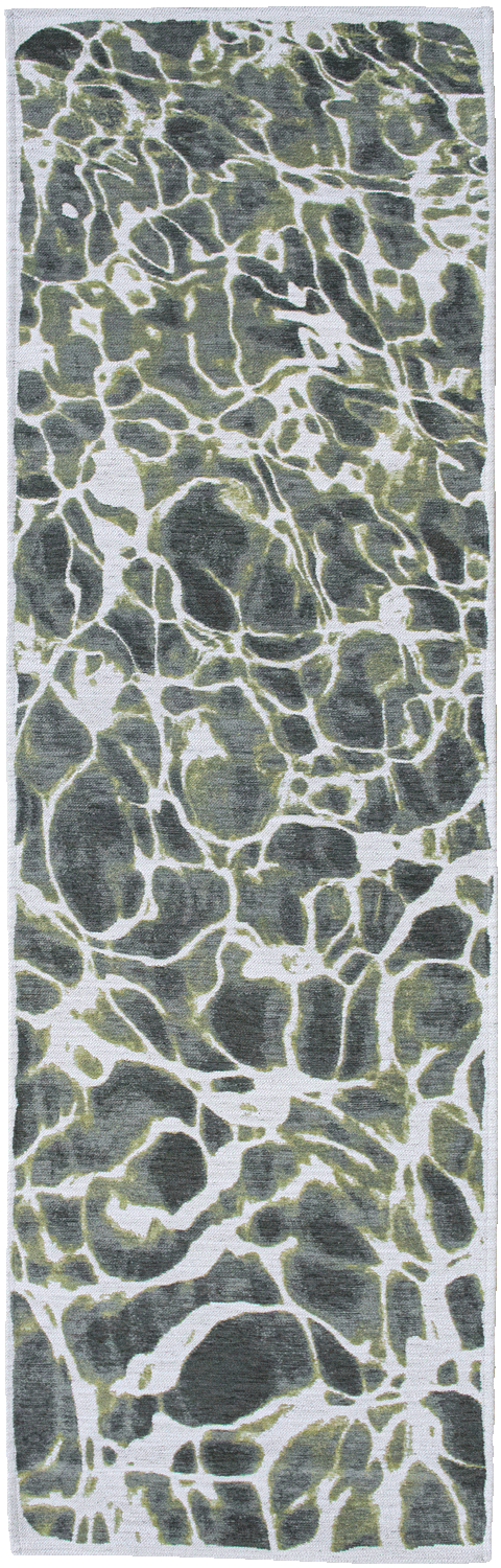 Modern runner rug with green abstract water inspired pattern