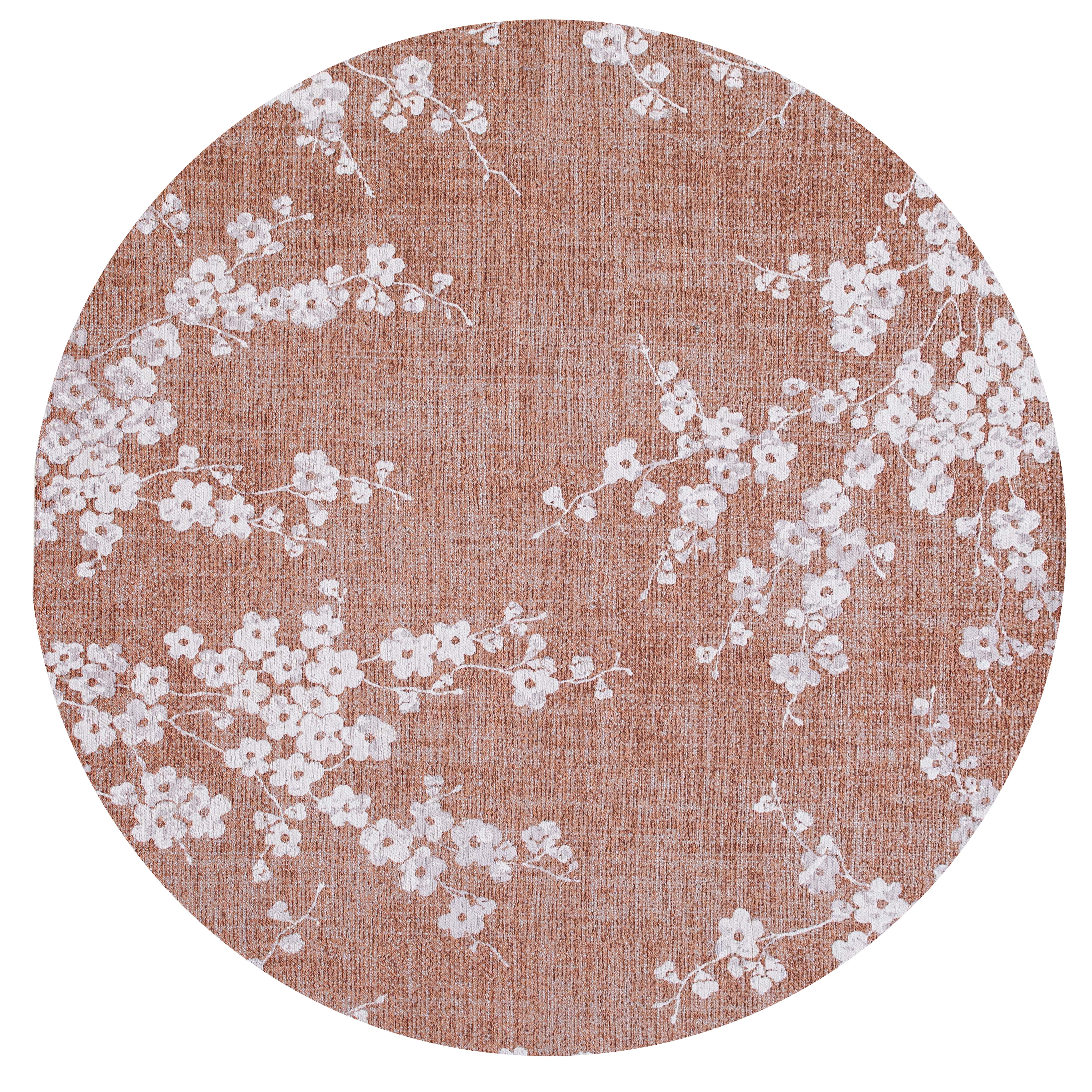 Modern abstract circle rug with subtle pink floral pattern