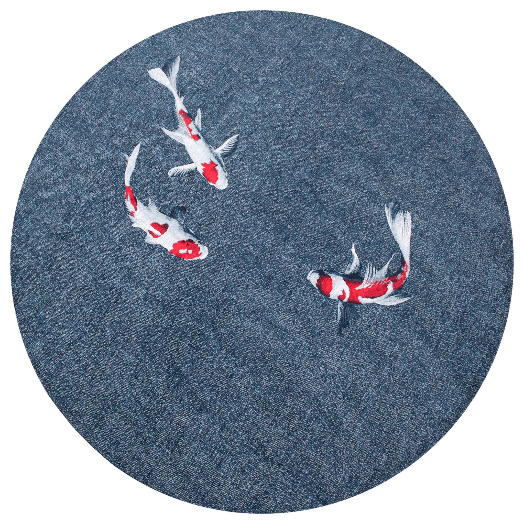 Modern navy circle rug with detailed koi fish print