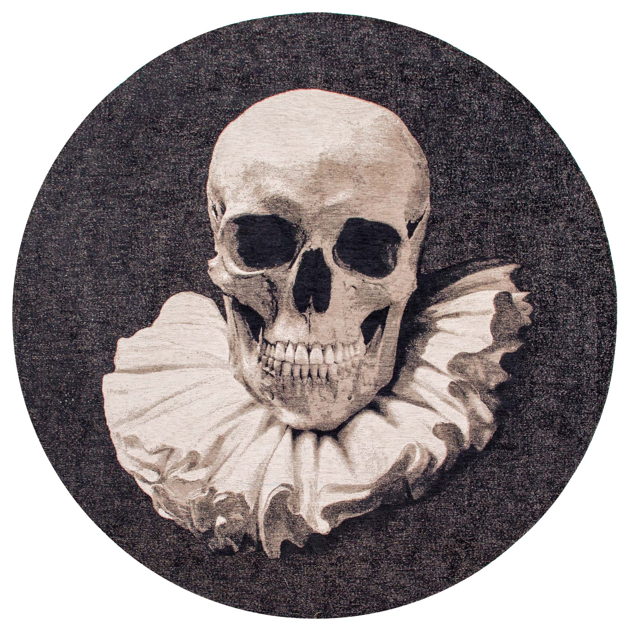 Modern black circle rug with detailed memento mori print