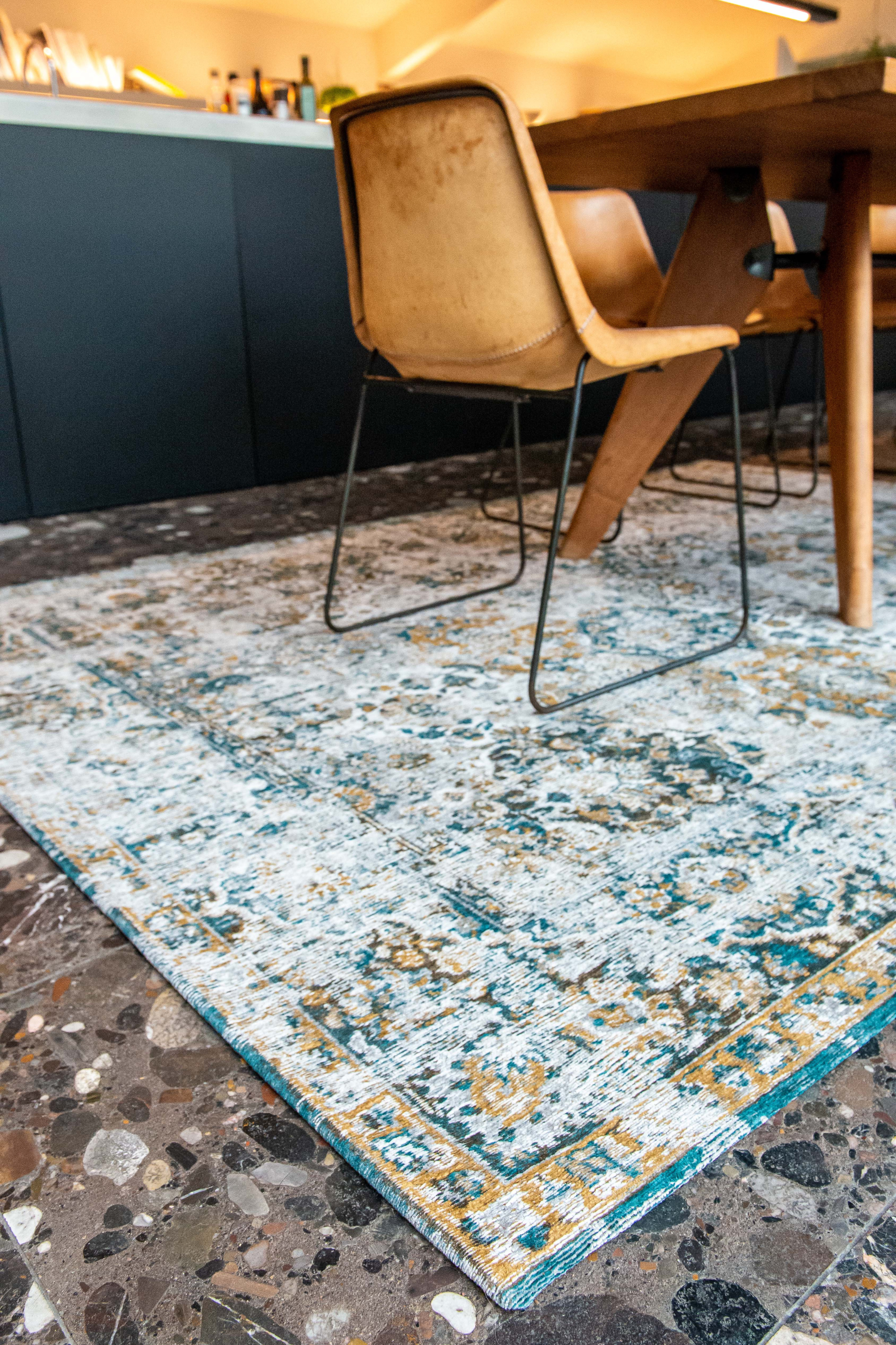 white, blue and yellow vintage style rug