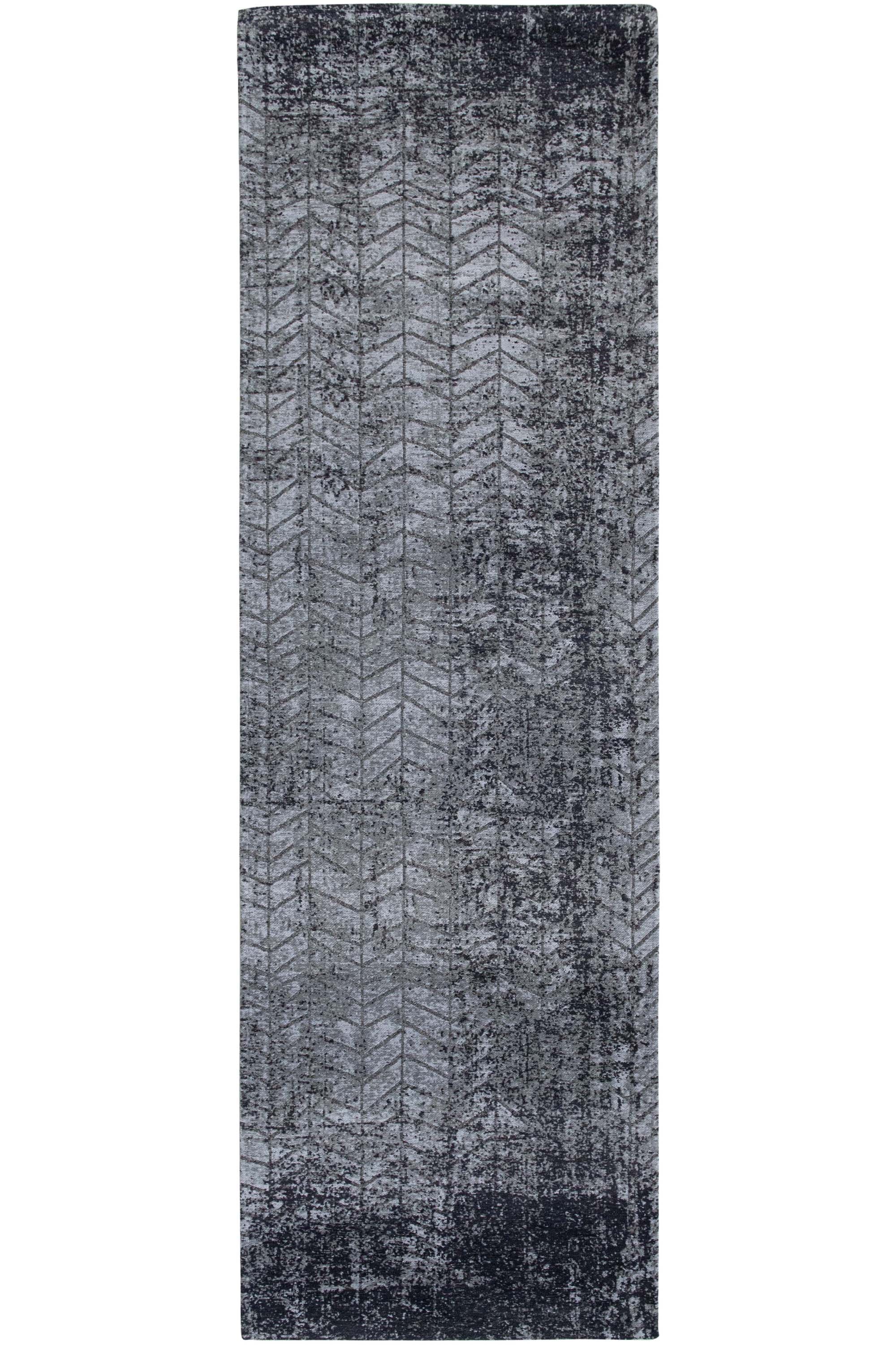 Black flatweave runner rug with faded grey chevron pattern
