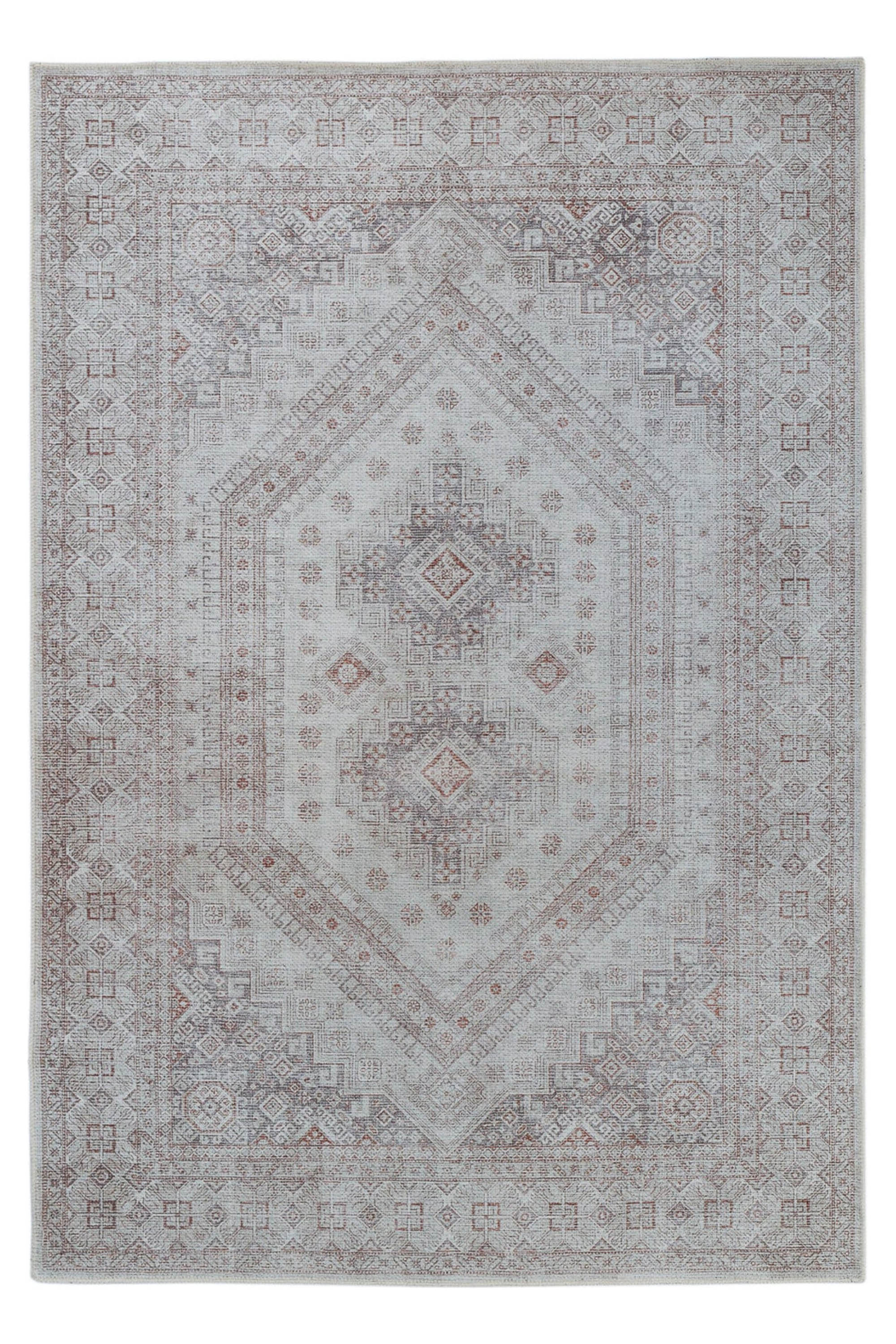 Persian inspired area rug in cream, grey and rust tones