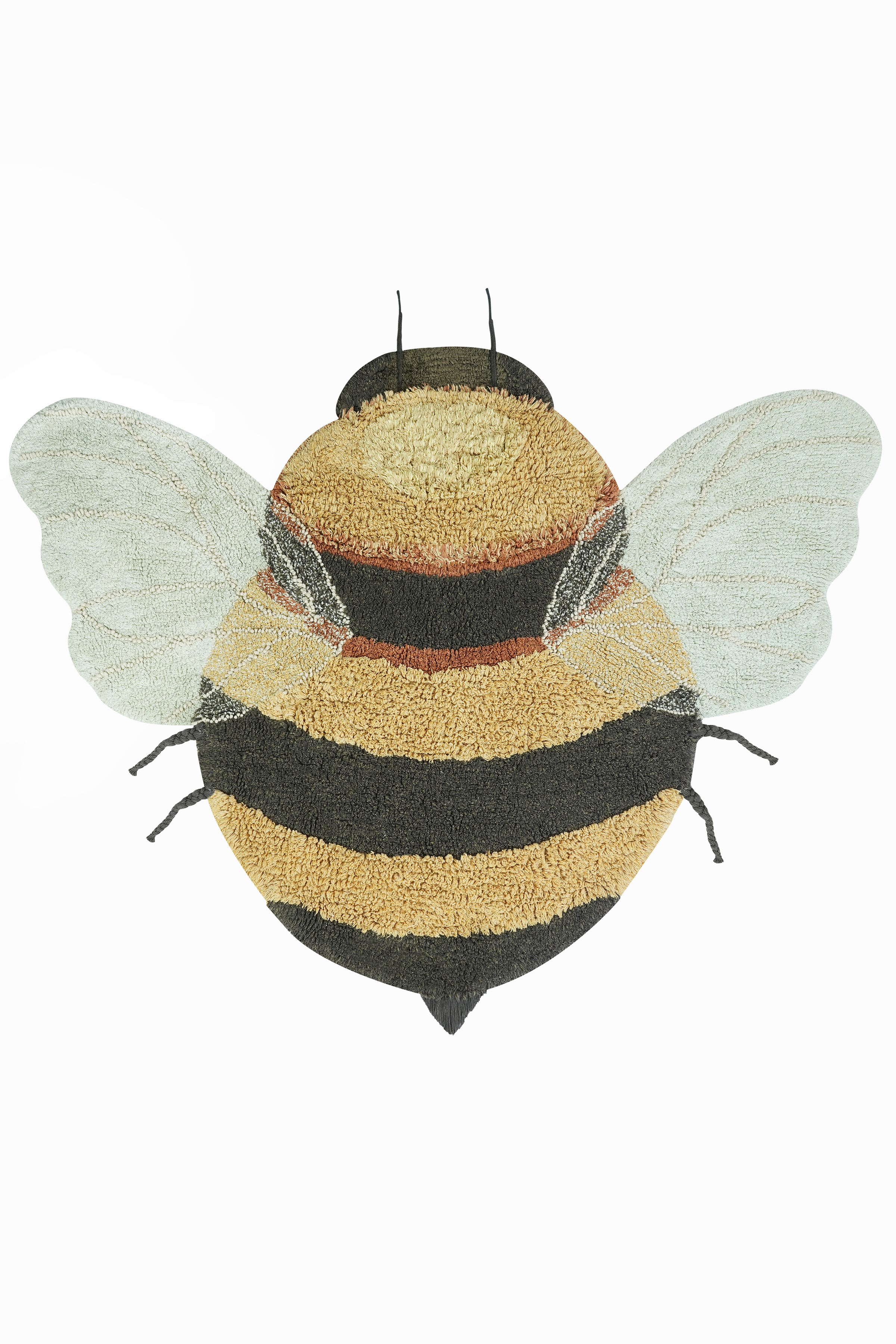 Bee-shaped rug with shades of gold, orange, brown, cream, and beige
