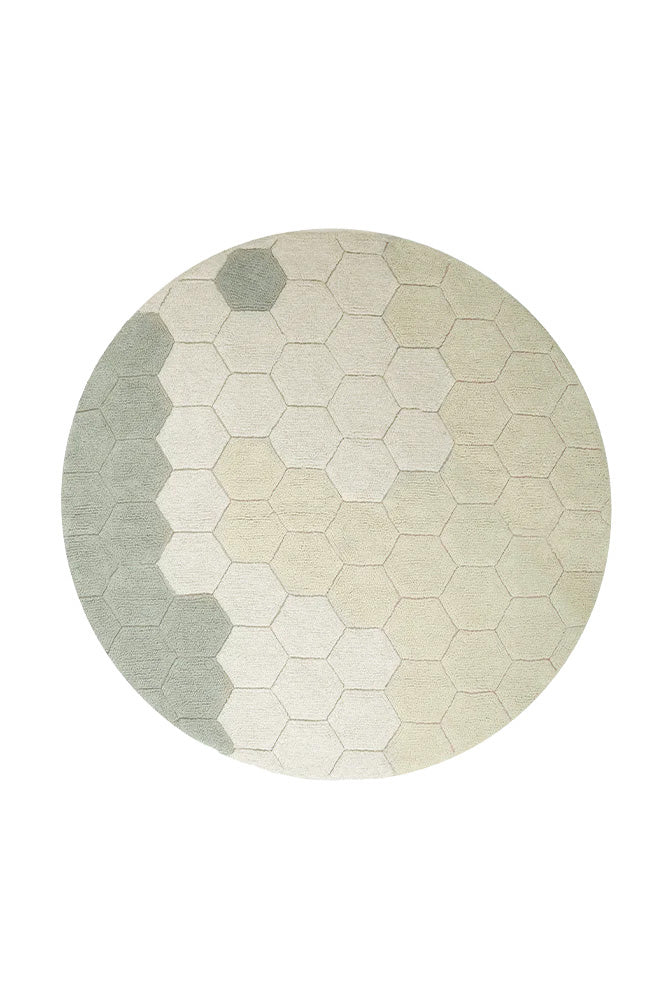 Round blue and sage rug with honeycomb pattern