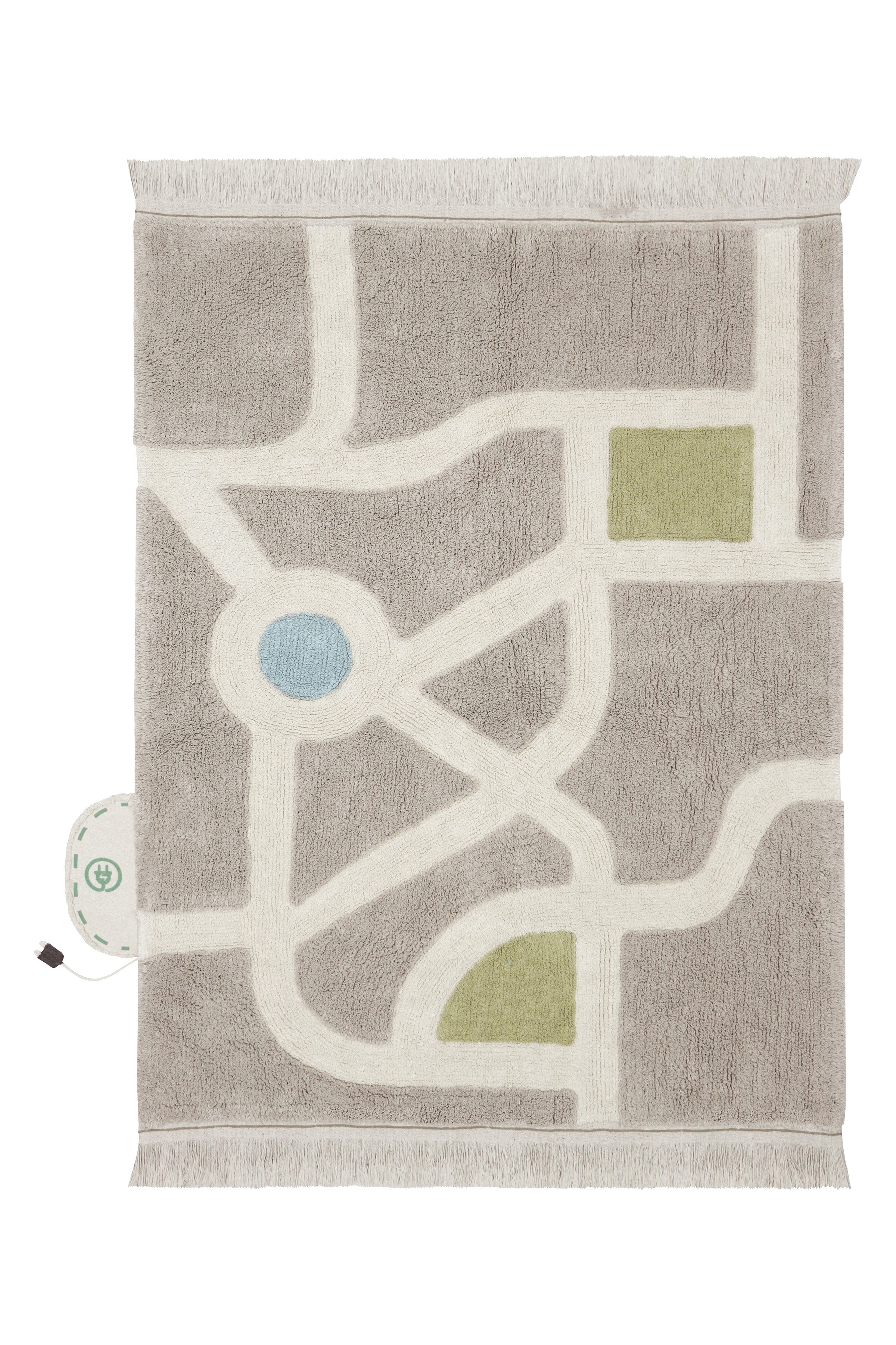 Grey, cream, blue, and green rug with city plan pattern and added city toys