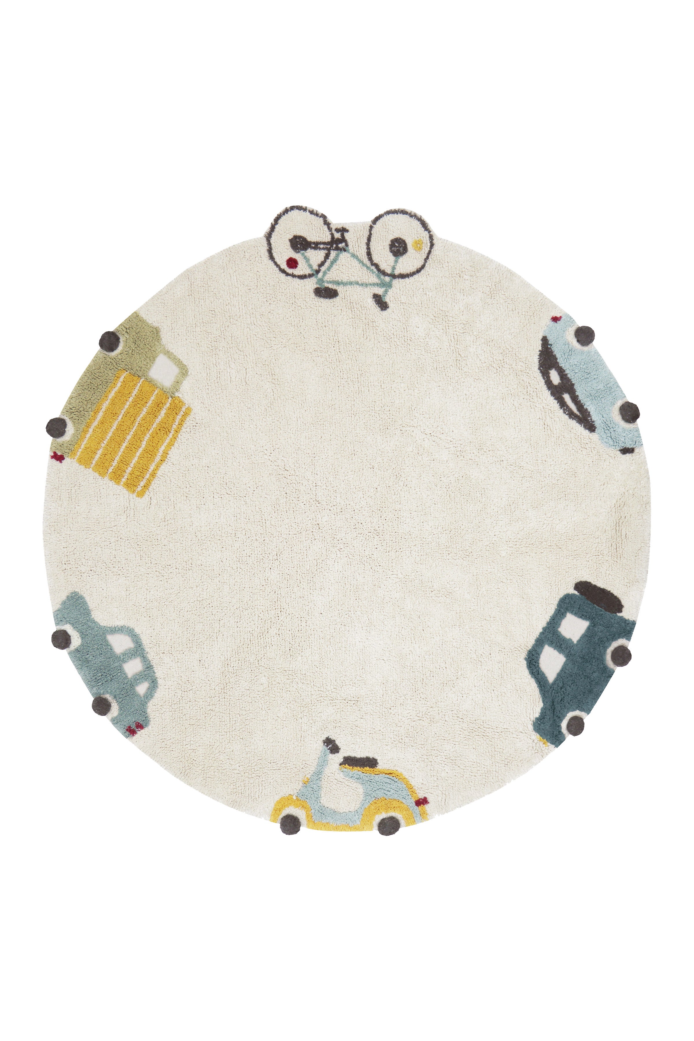 Round cream childs rug with vehicle motifs