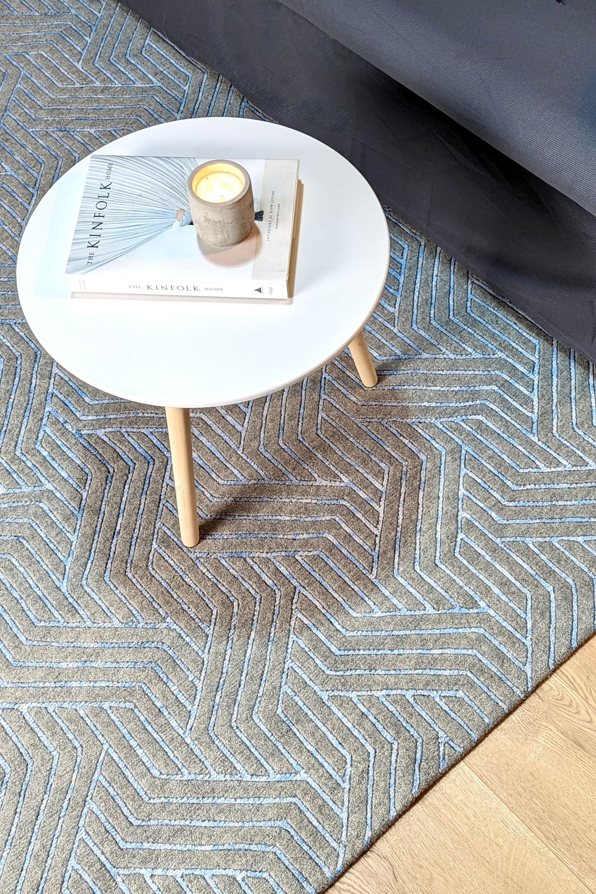 viscose and wool geometric rug in grey and blue