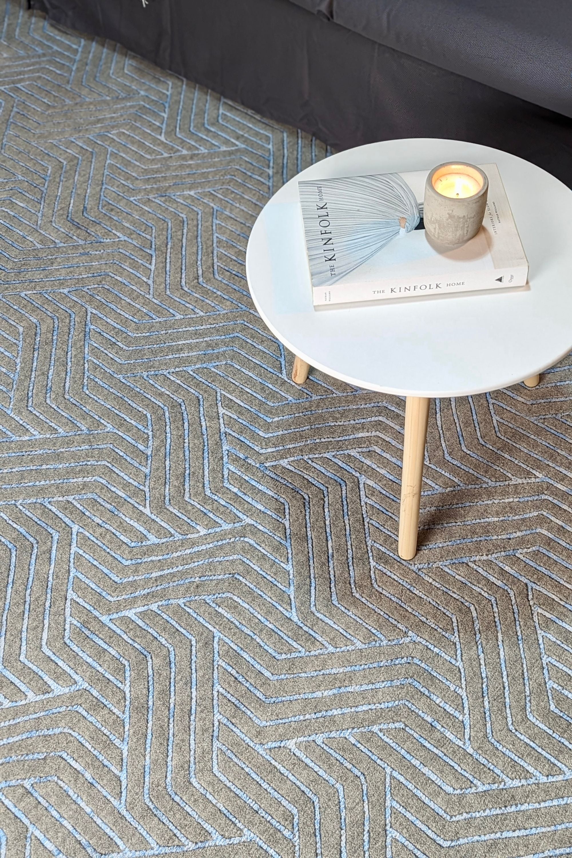 viscose and wool geometric rug in grey and blue