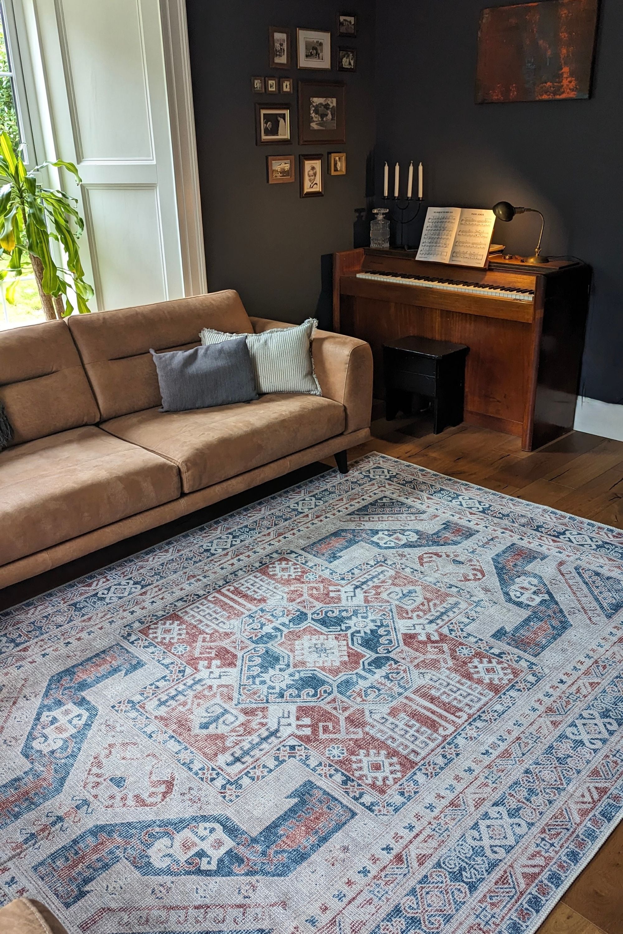 Blue and red bordered vintage style rug