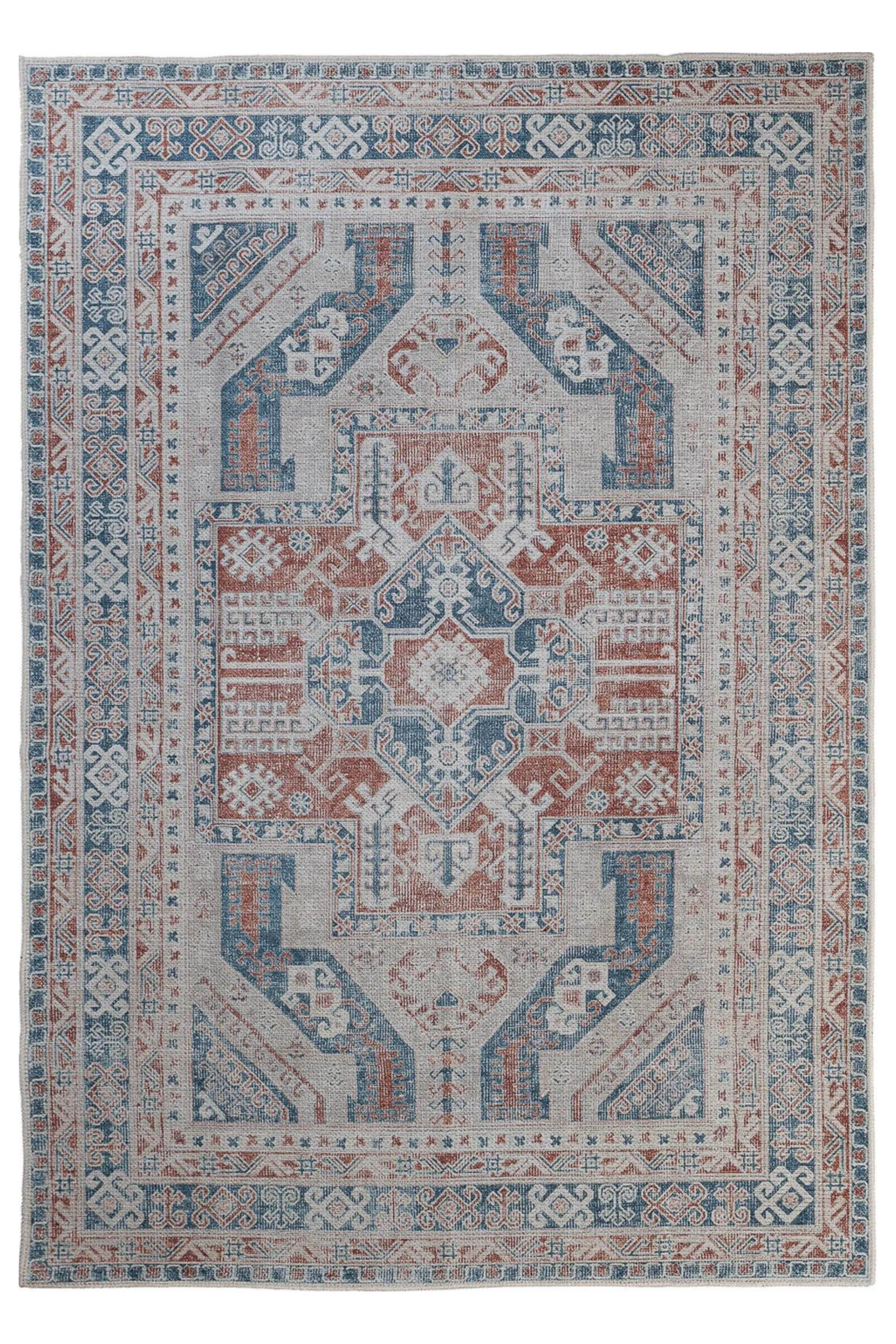 Blue and red bordered vintage style rug