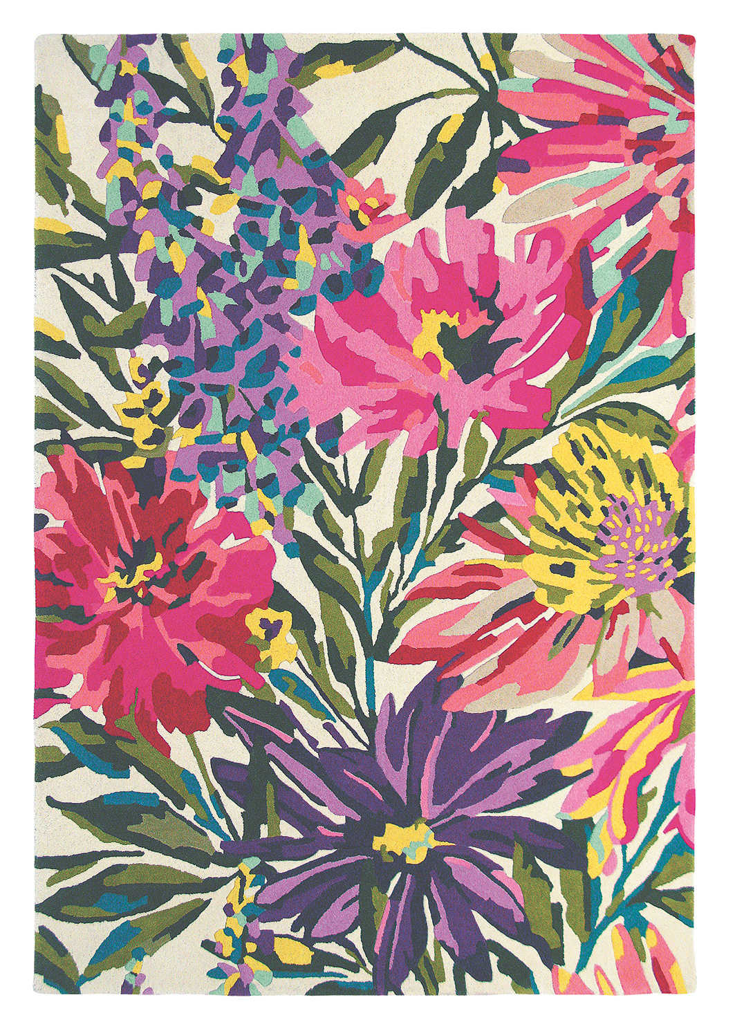 Rectangular white wool rug with pink, yellow, purple and green flowers and leaves