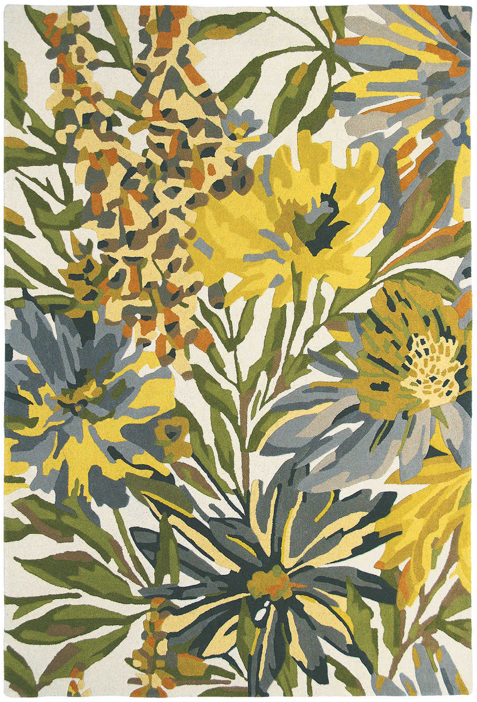 Rectangular white wool rug with yellow, green and brown leaves and flowers