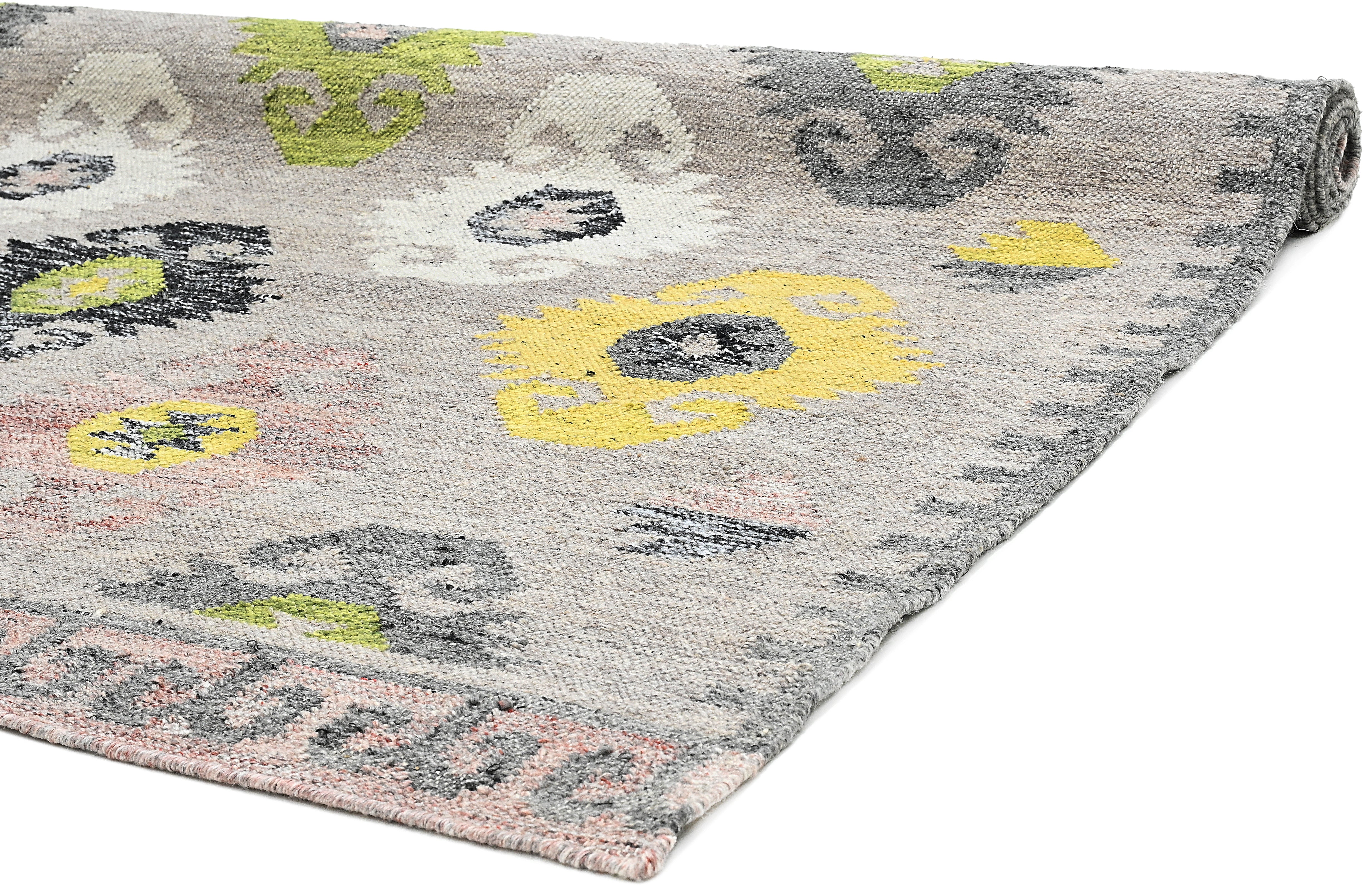 Flatweave rug with green, grey and pink Moroccan design 