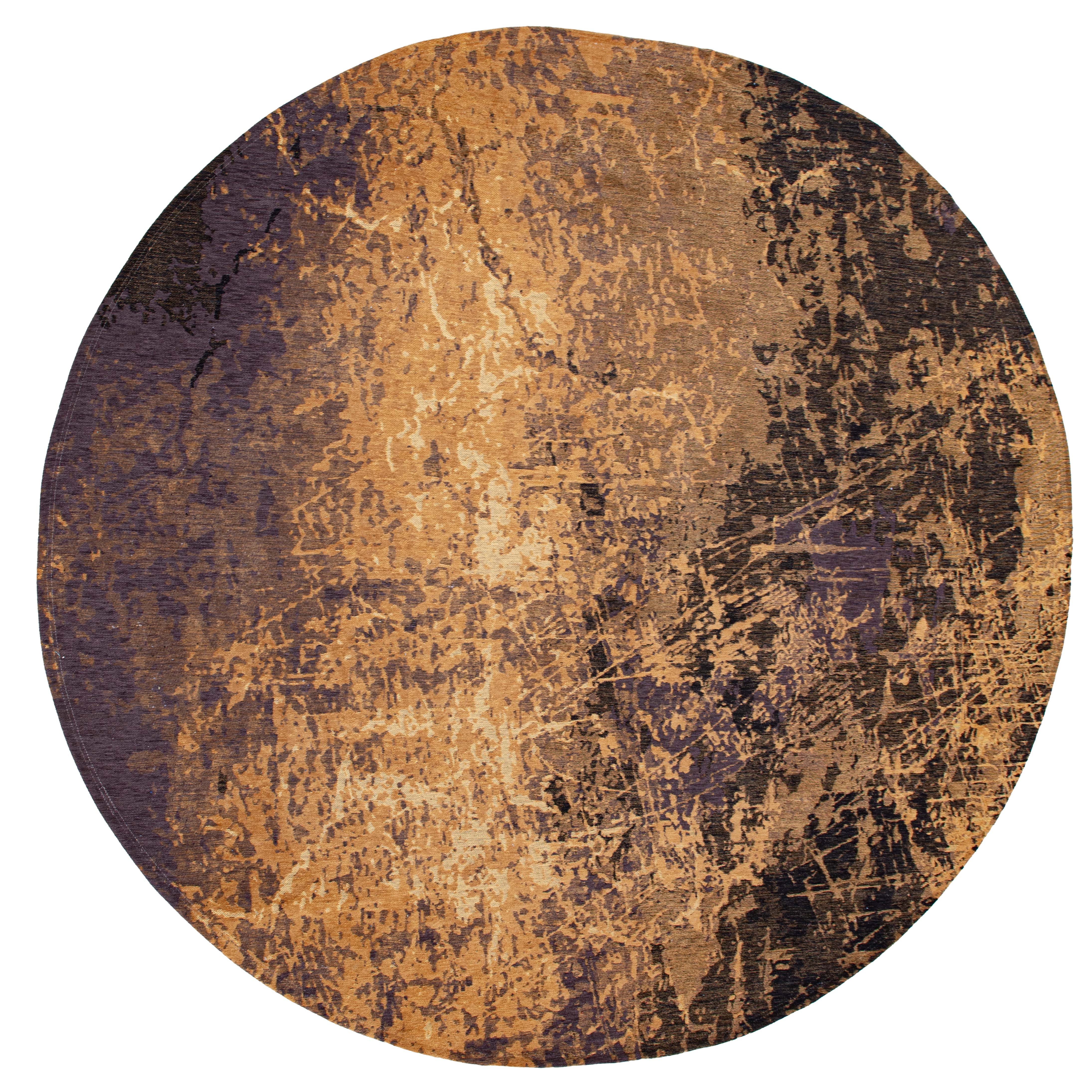 Circle flatweave rug with faded jagged abstract design in terracotta, copper and charcoal