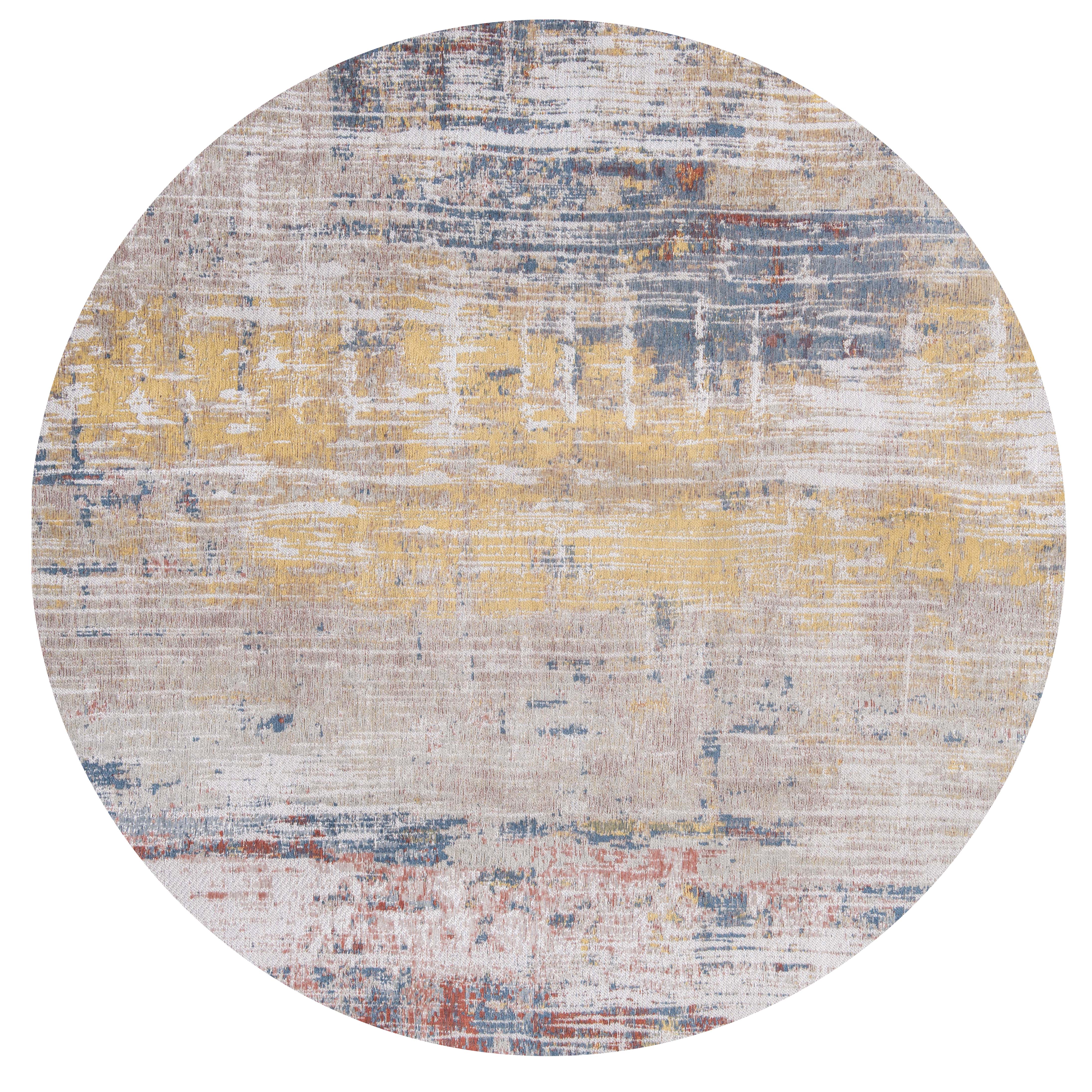Circle flatweave runner rug with abstract stripe design in grey, beige, yellow, red and blue