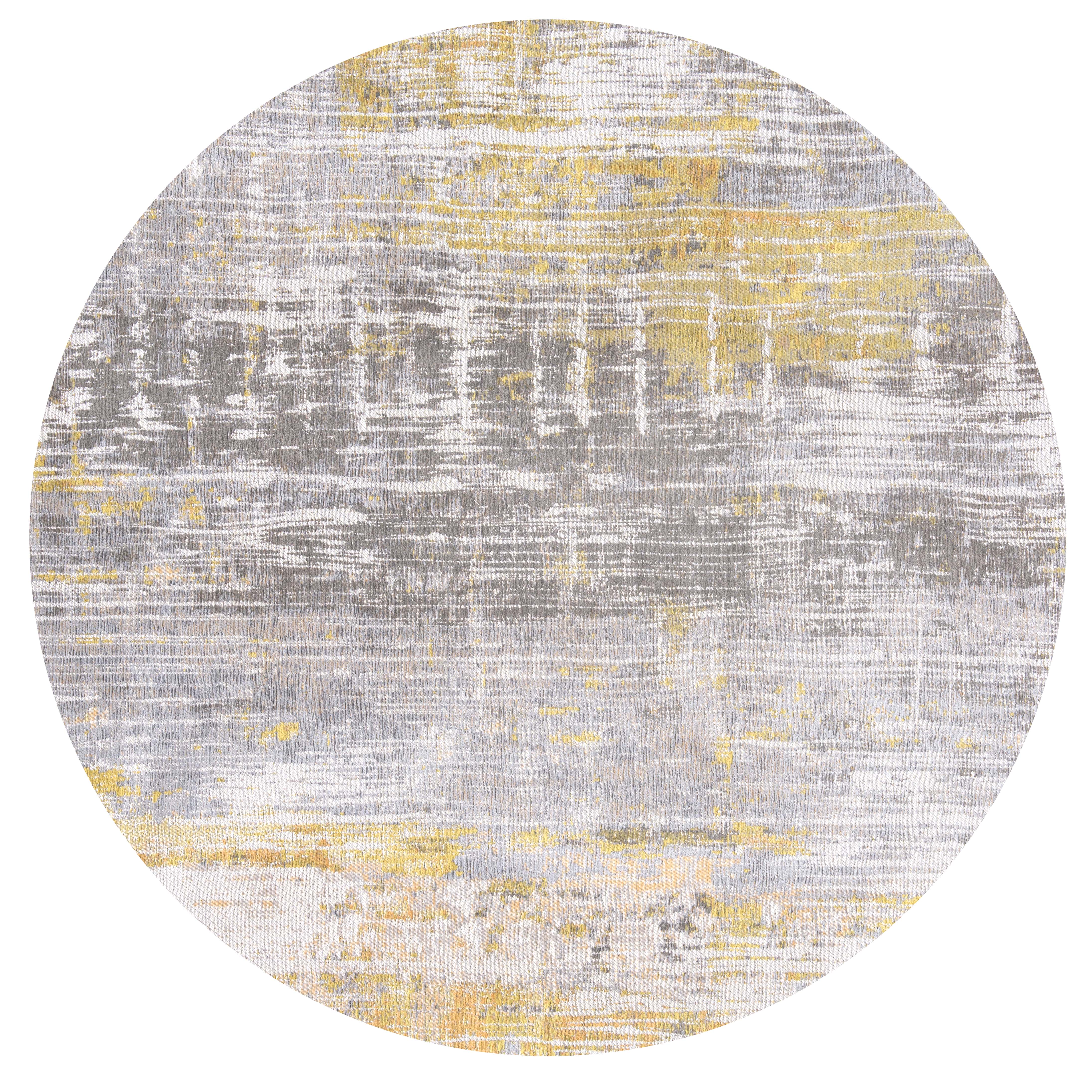 Circle flatweave rug with abstract stripe design in grey, beige, yellow, red and blue