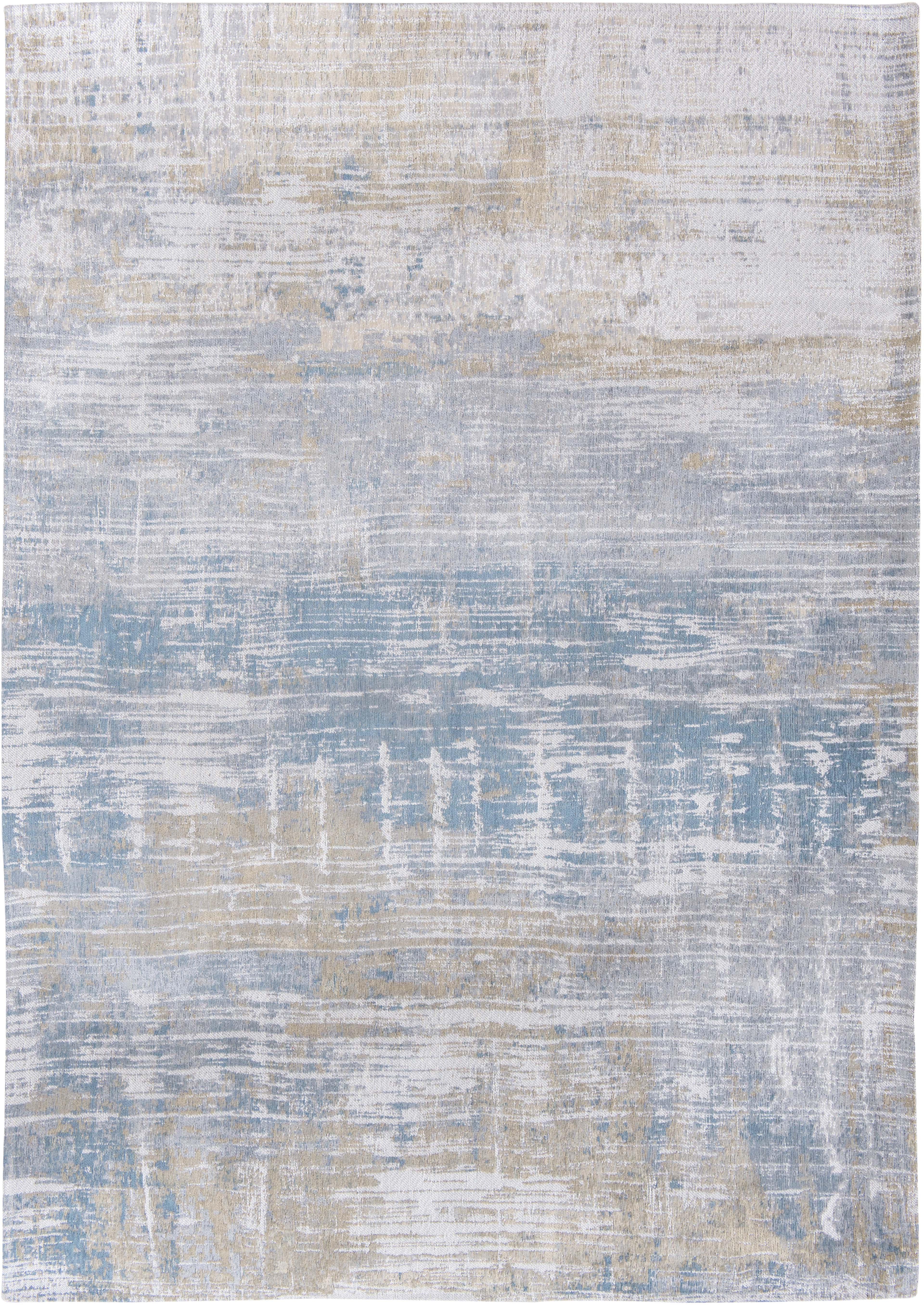 Flatweave runner rug with abstract stripe design in blue, grey and beige