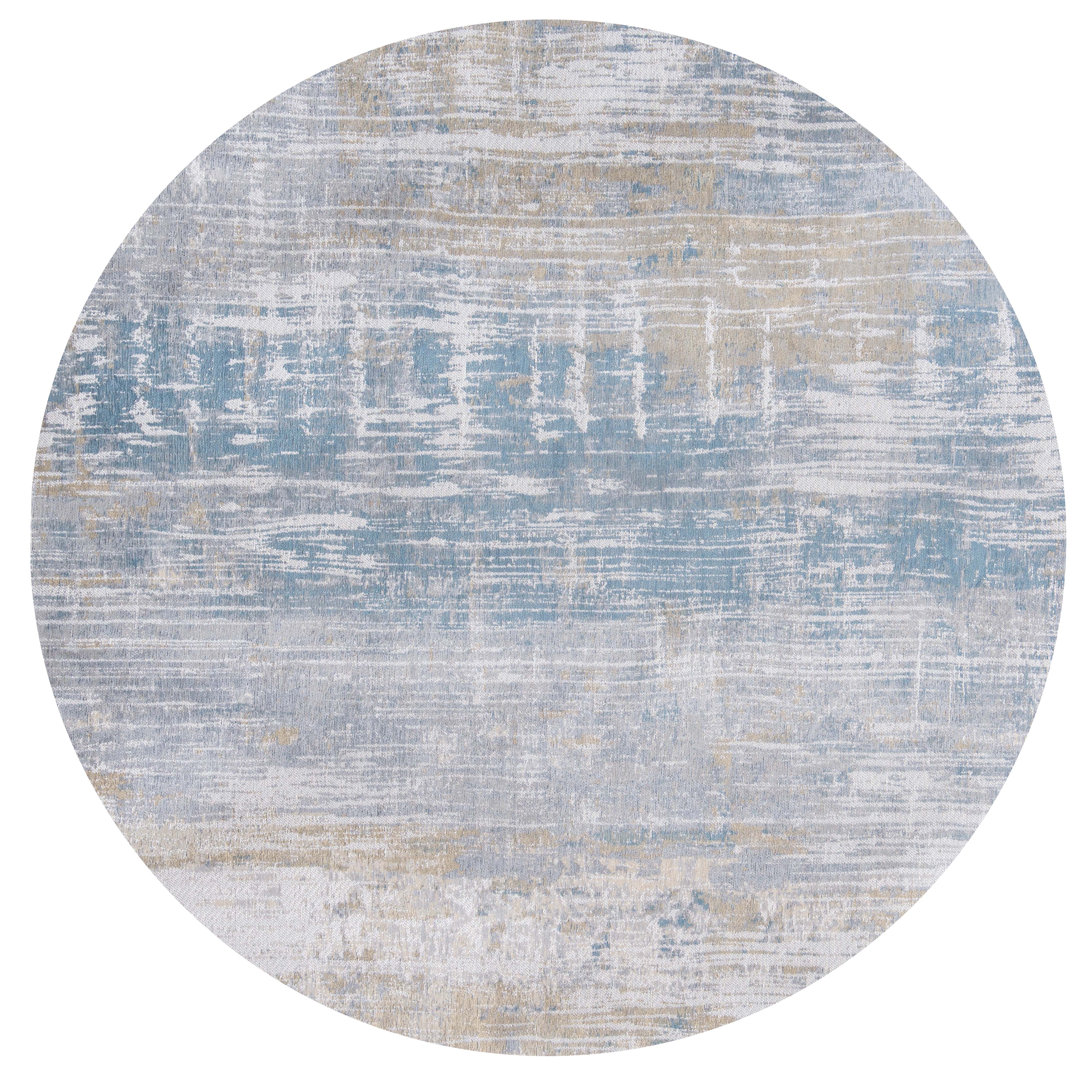 Circle flatweave rug with abstract stripe design in blue, grey and beige