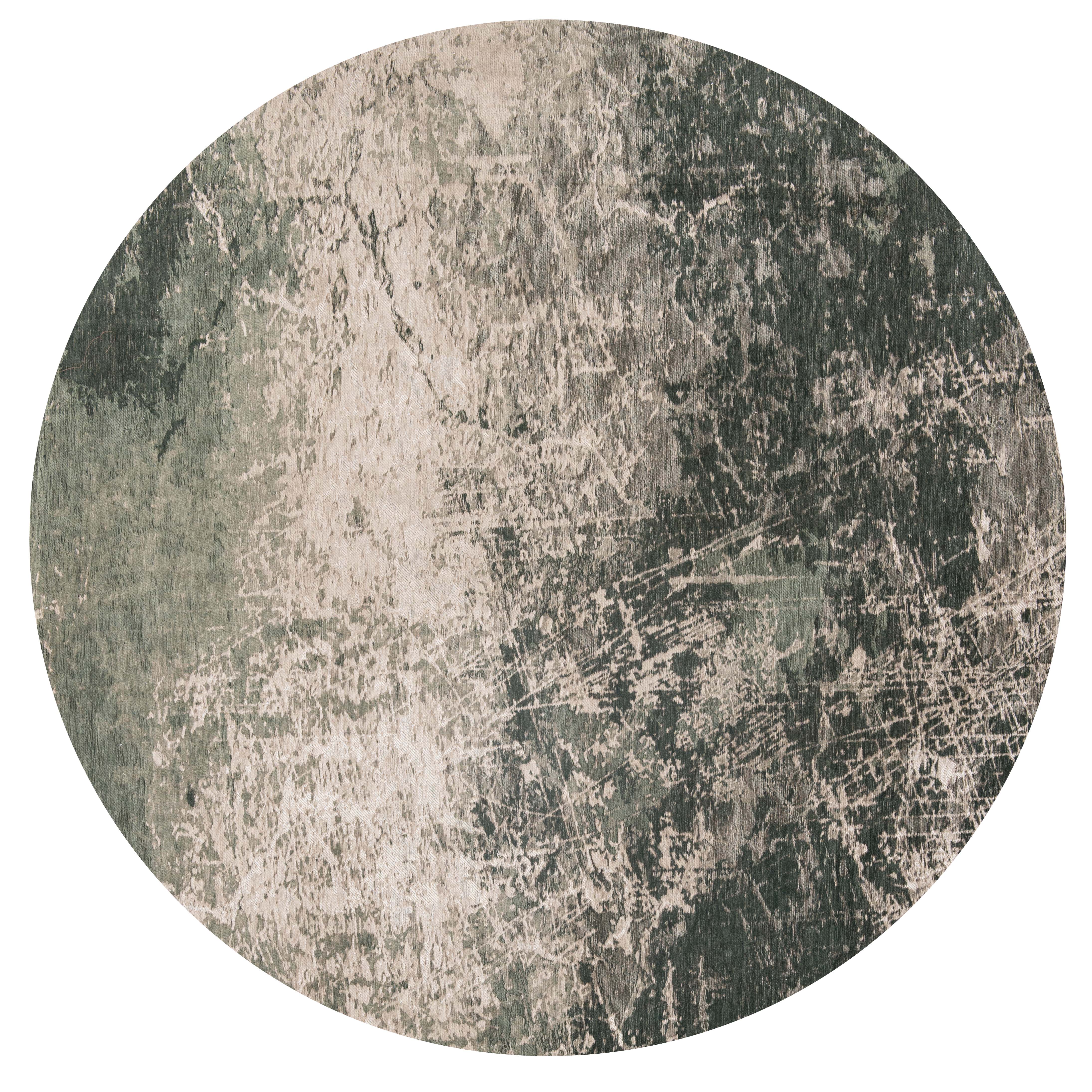 Circle flatweave rug with faded jagged abstract design in grey, beige and charcoal