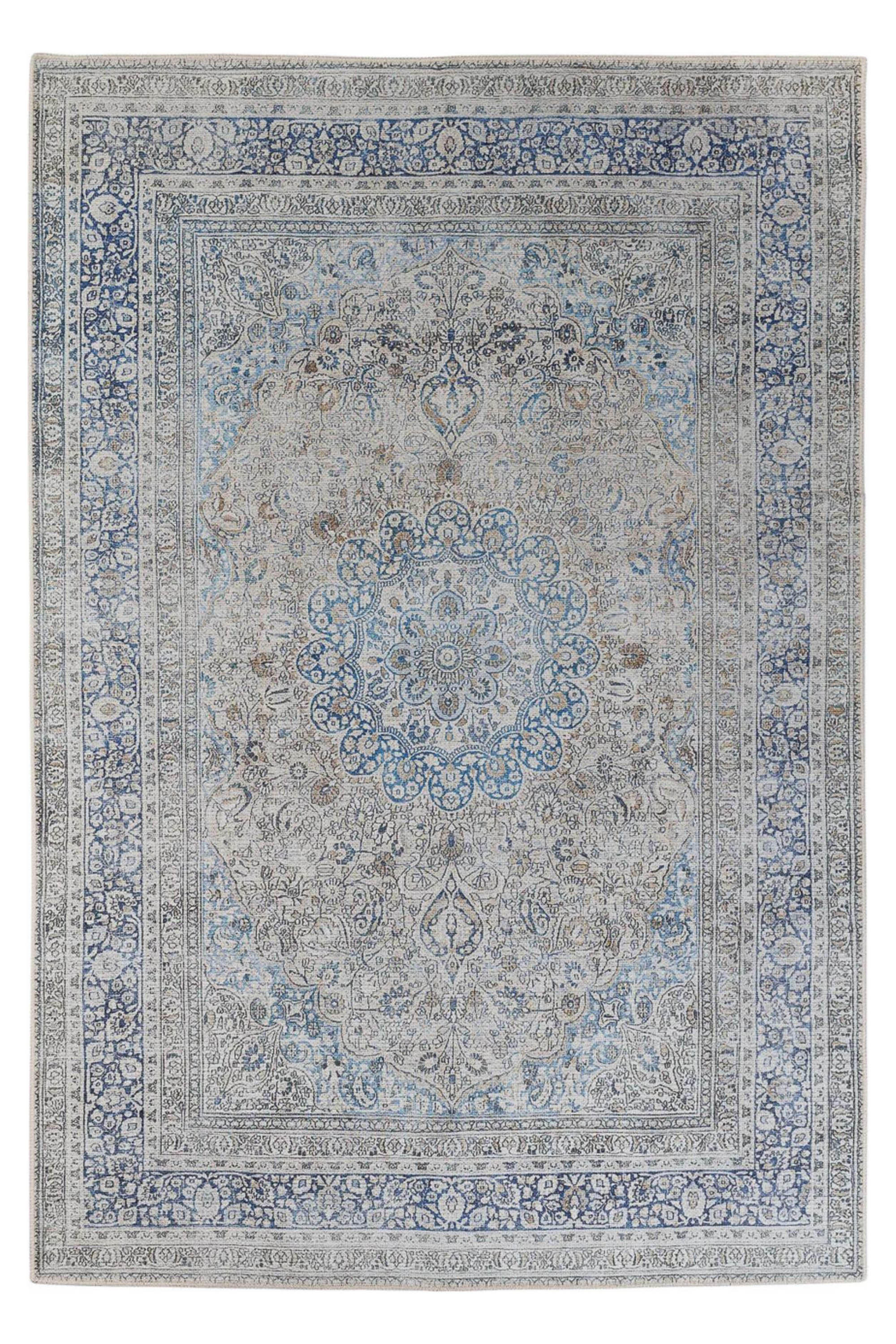 Blue and grey bordered vintage style rug