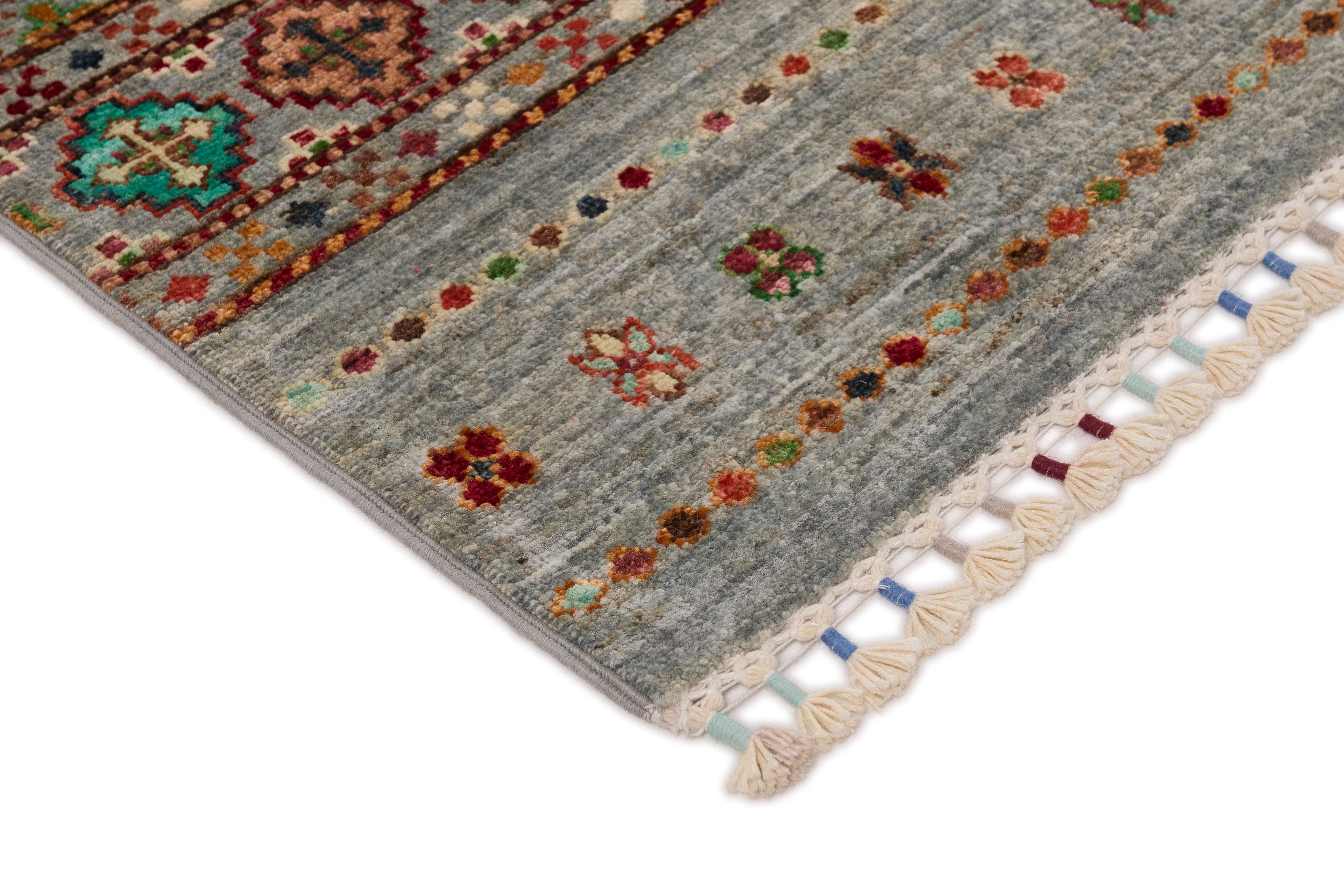 Authentic oriental Shall collection rug with traditional tile pattern in multicolour.